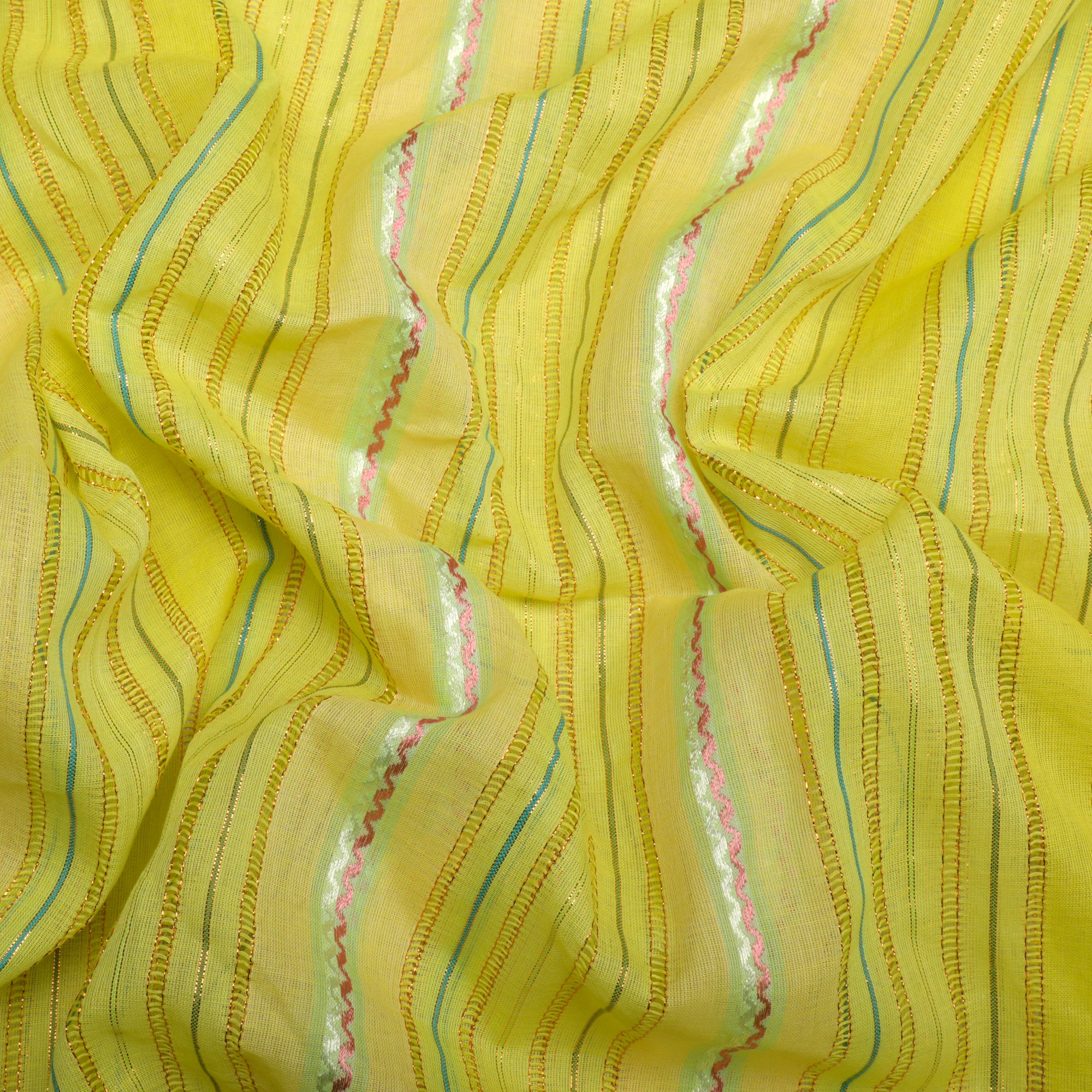 (Pre-Cut 1.40 Mtr)Green -Yellow Color Lurex Woven Cotton Voile Fabric