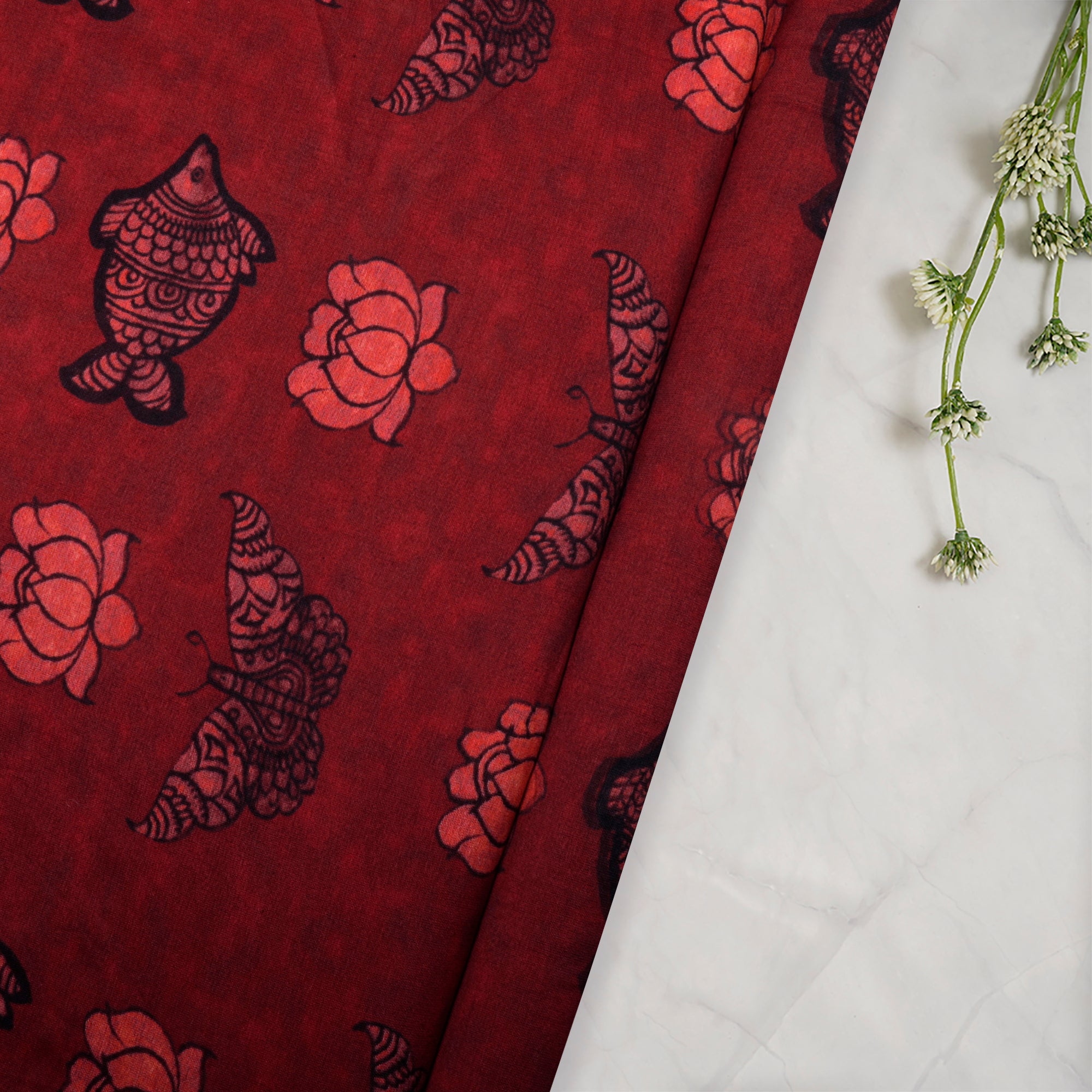 (Pre-Cut 1.40 Mtr)Maroon Floral Pattern Digital Print-Chanderi Fabric