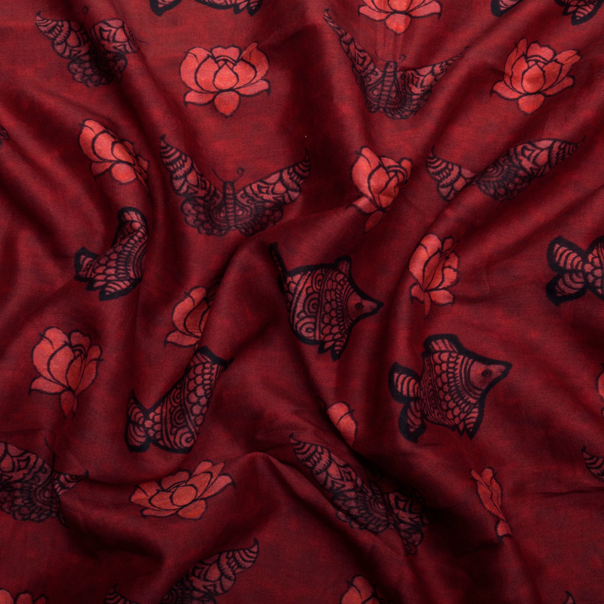 (Pre-Cut 1.40 Mtr)Maroon Floral Pattern Digital Print-Chanderi Fabric
