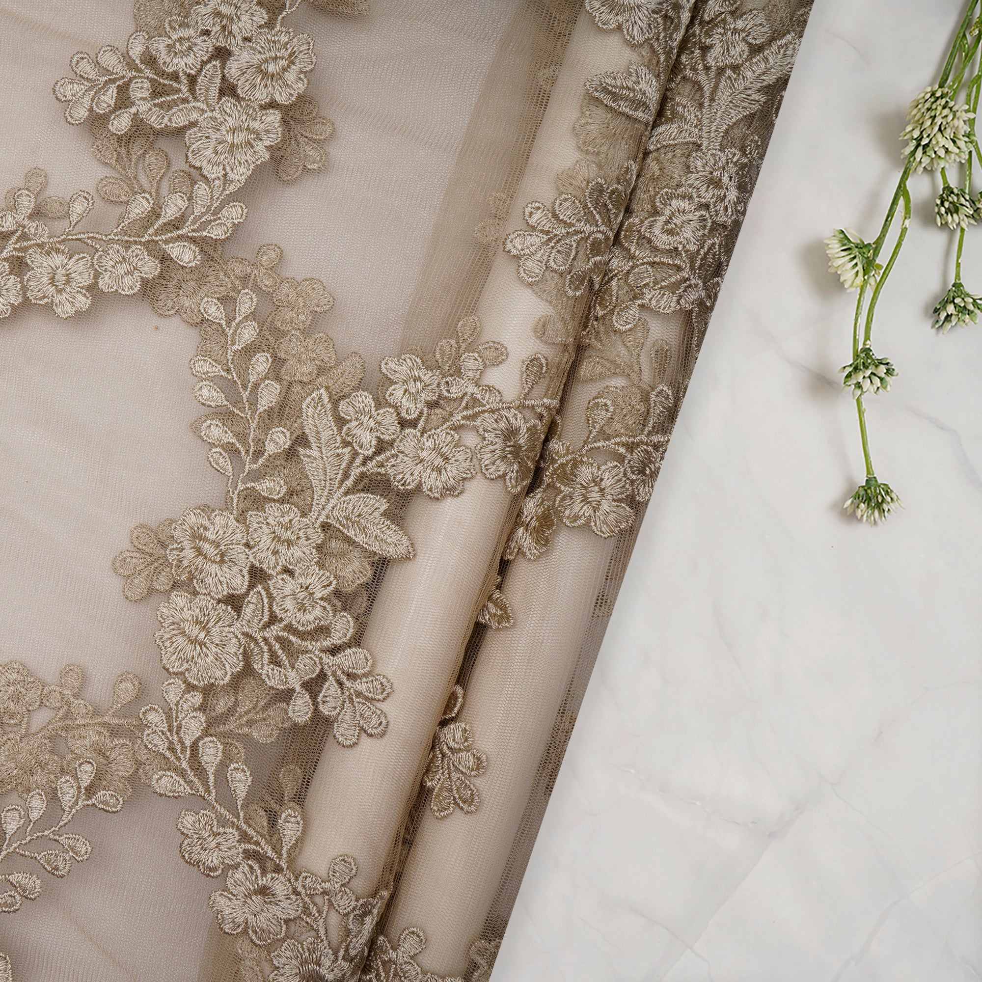 (Pre-Cut 1.50 Mtr)Beige Color Embroidered Nylon Net Fabric