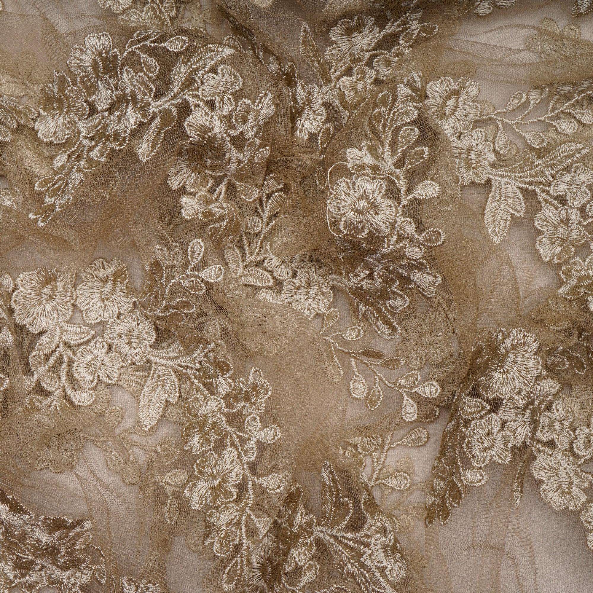 (Pre-Cut 1.50 Mtr)Beige Color Embroidered Nylon Net Fabric