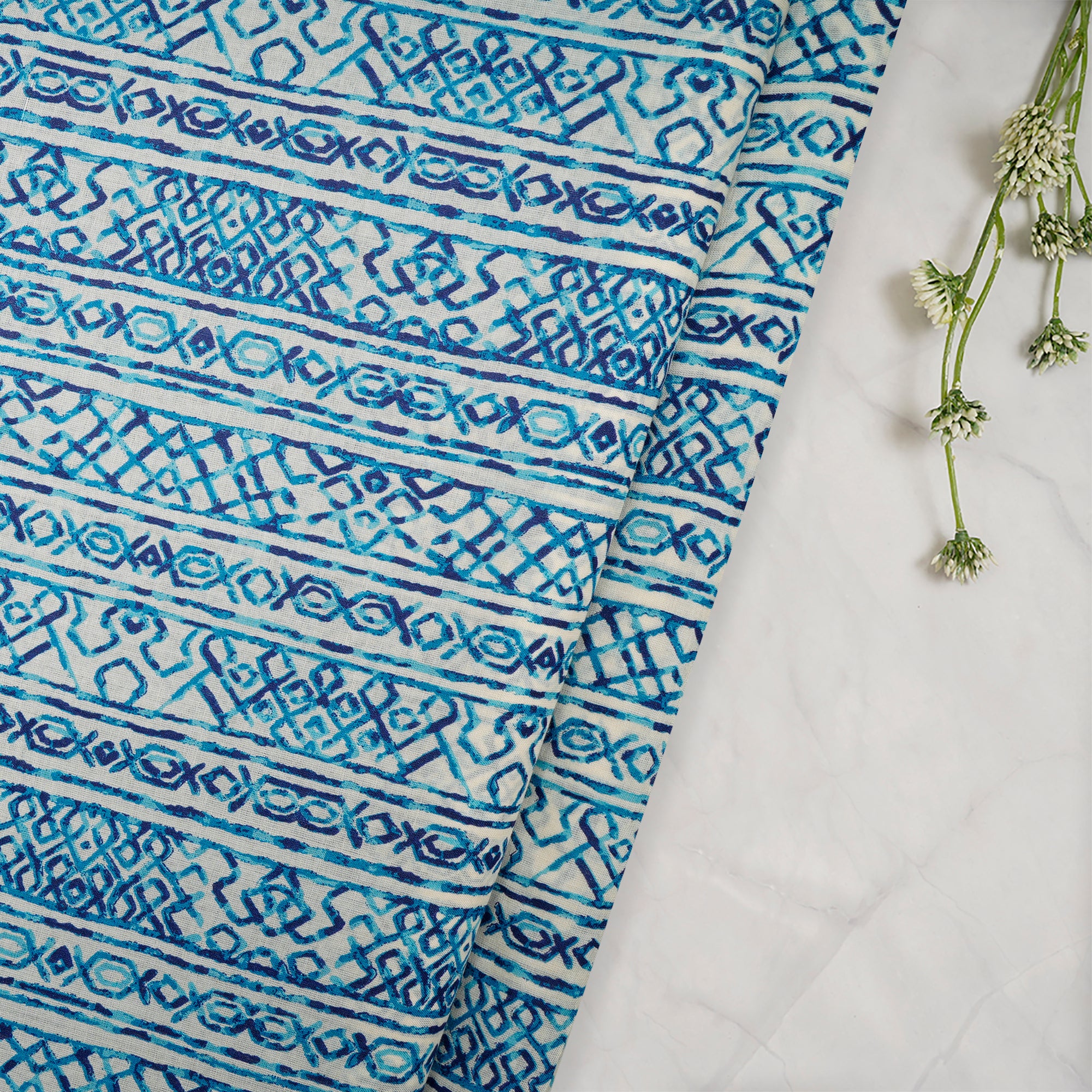 (Pre-Cut 2.50 Mtr)Blue Color Printed Fine Tussar Chanderi Fabric