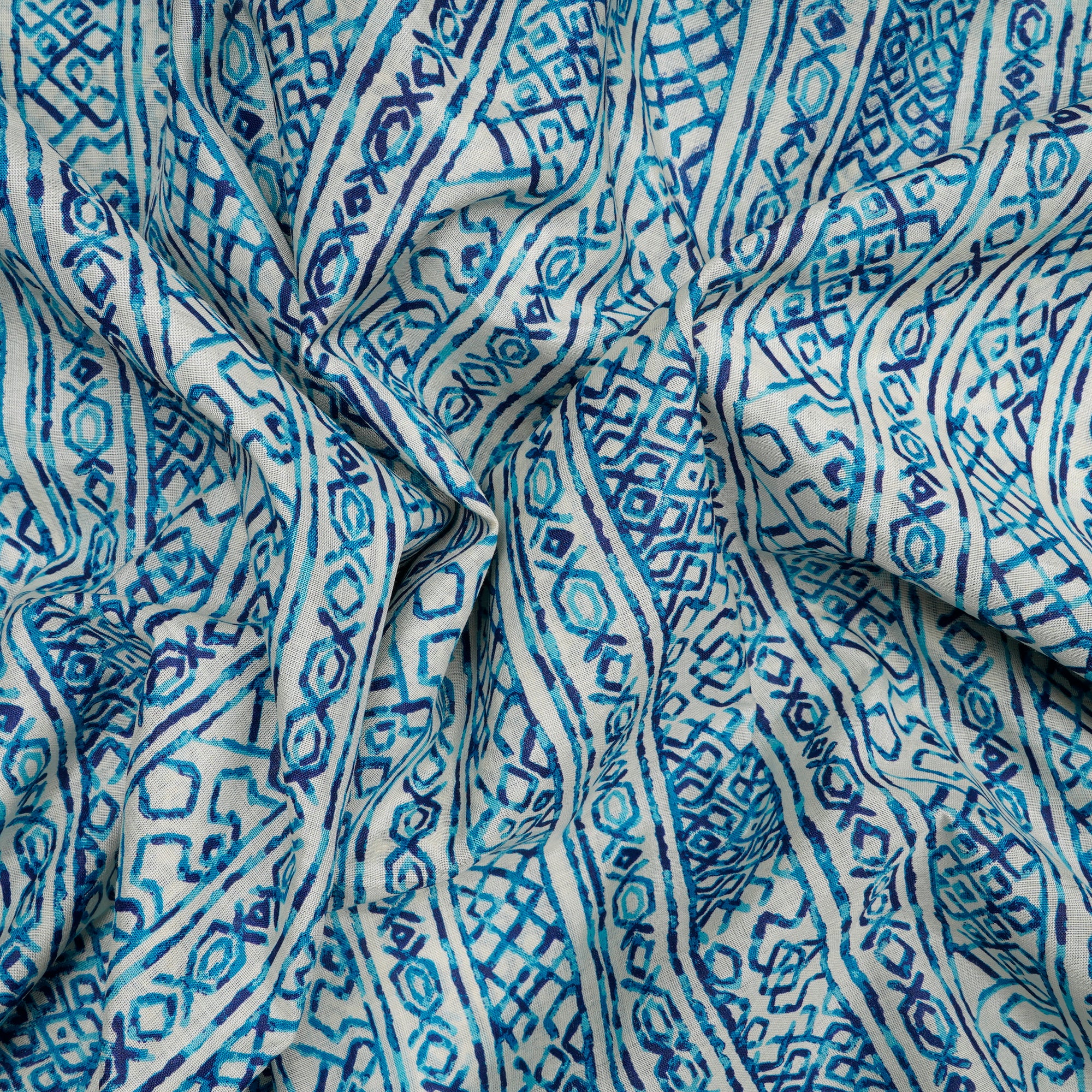 (Pre-Cut 2.50 Mtr)Blue Color Printed Fine Tussar Chanderi Fabric