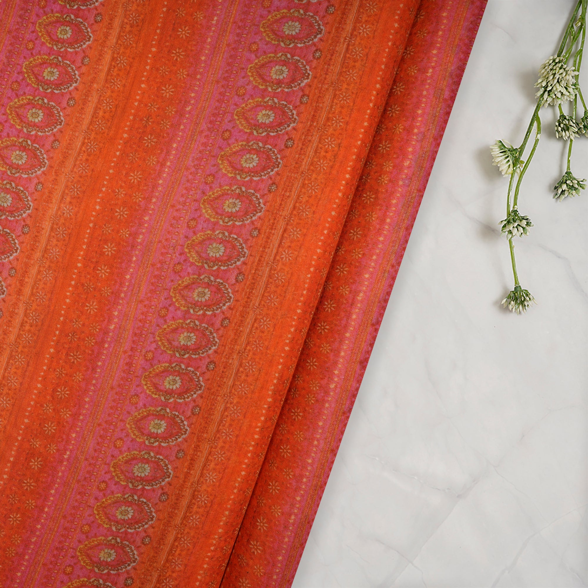 (Pre-Cut 1.85 Mtr)Pink-Orange Color Digital Printed Pure Chanderi Fabric
