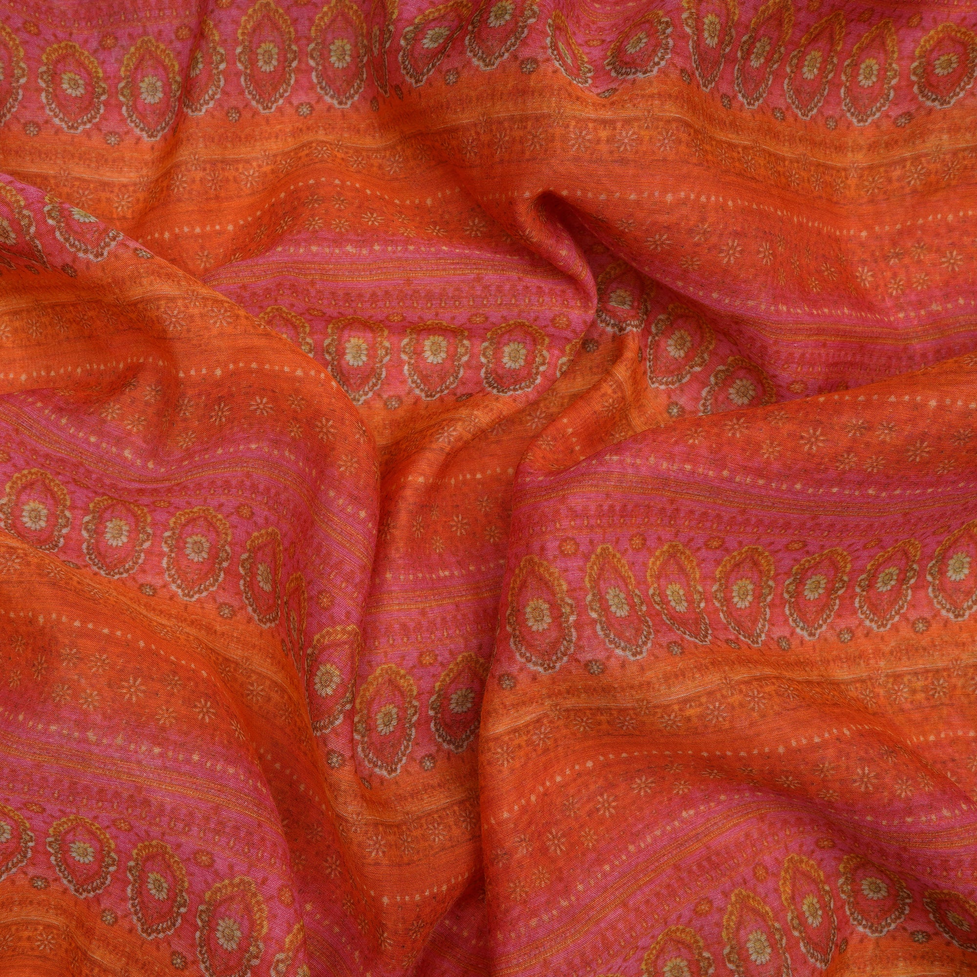 (Pre-Cut 1.85 Mtr)Pink-Orange Color Digital Printed Pure Chanderi Fabric