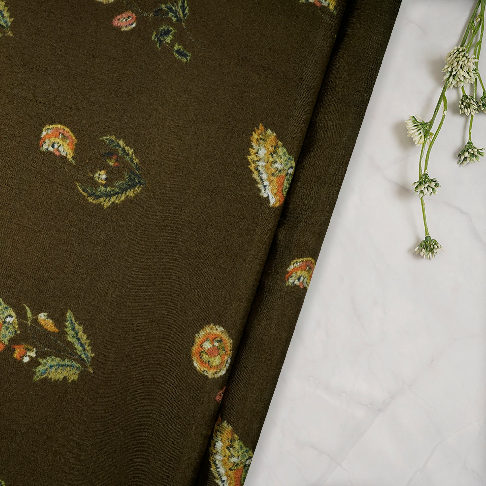 (Pre-Cut 2.45 Mtr)Olive Green Floral Pattern Digital Print Habutai Fabric