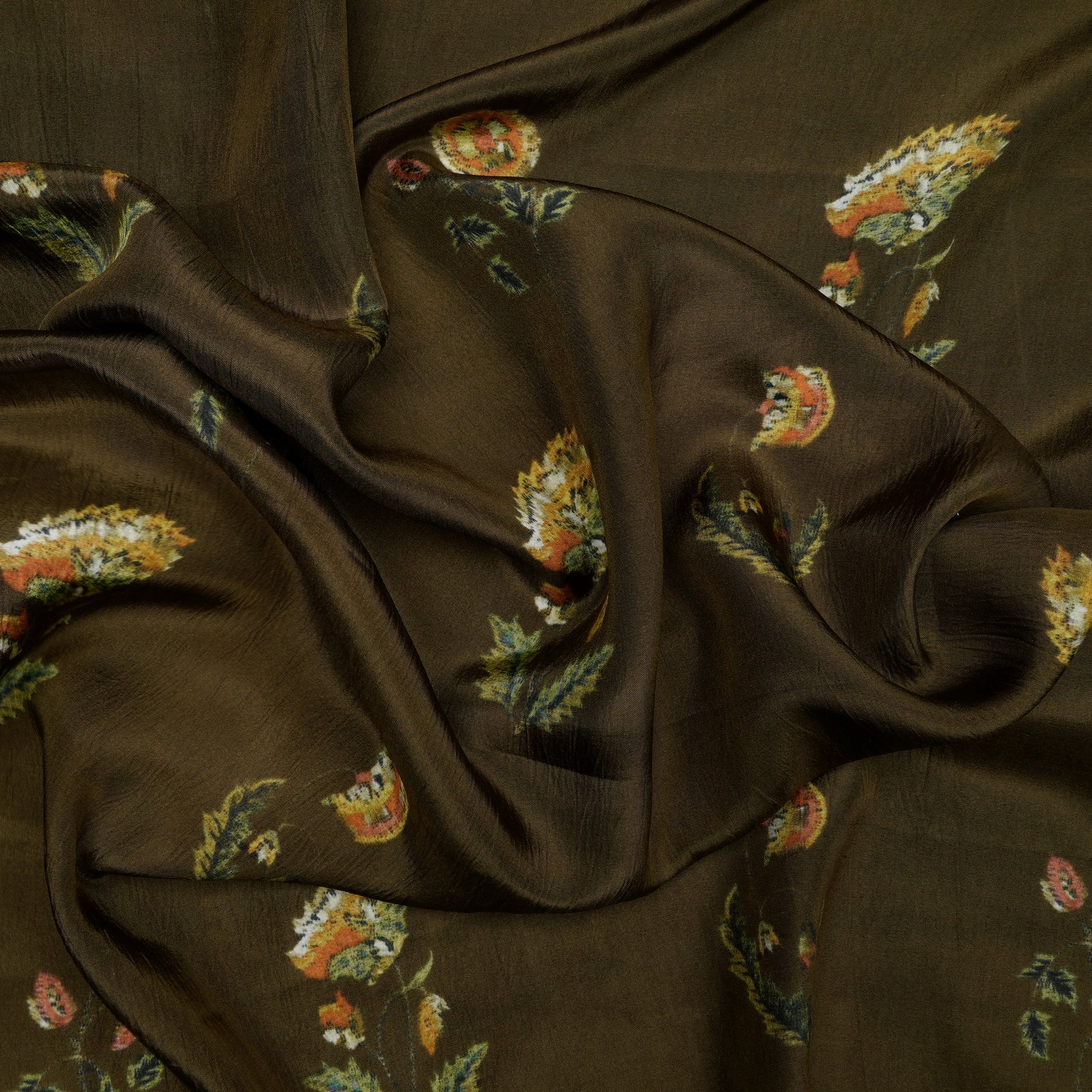 (Pre-Cut 2.45 Mtr)Olive Green Floral Pattern Digital Print Habutai Fabric