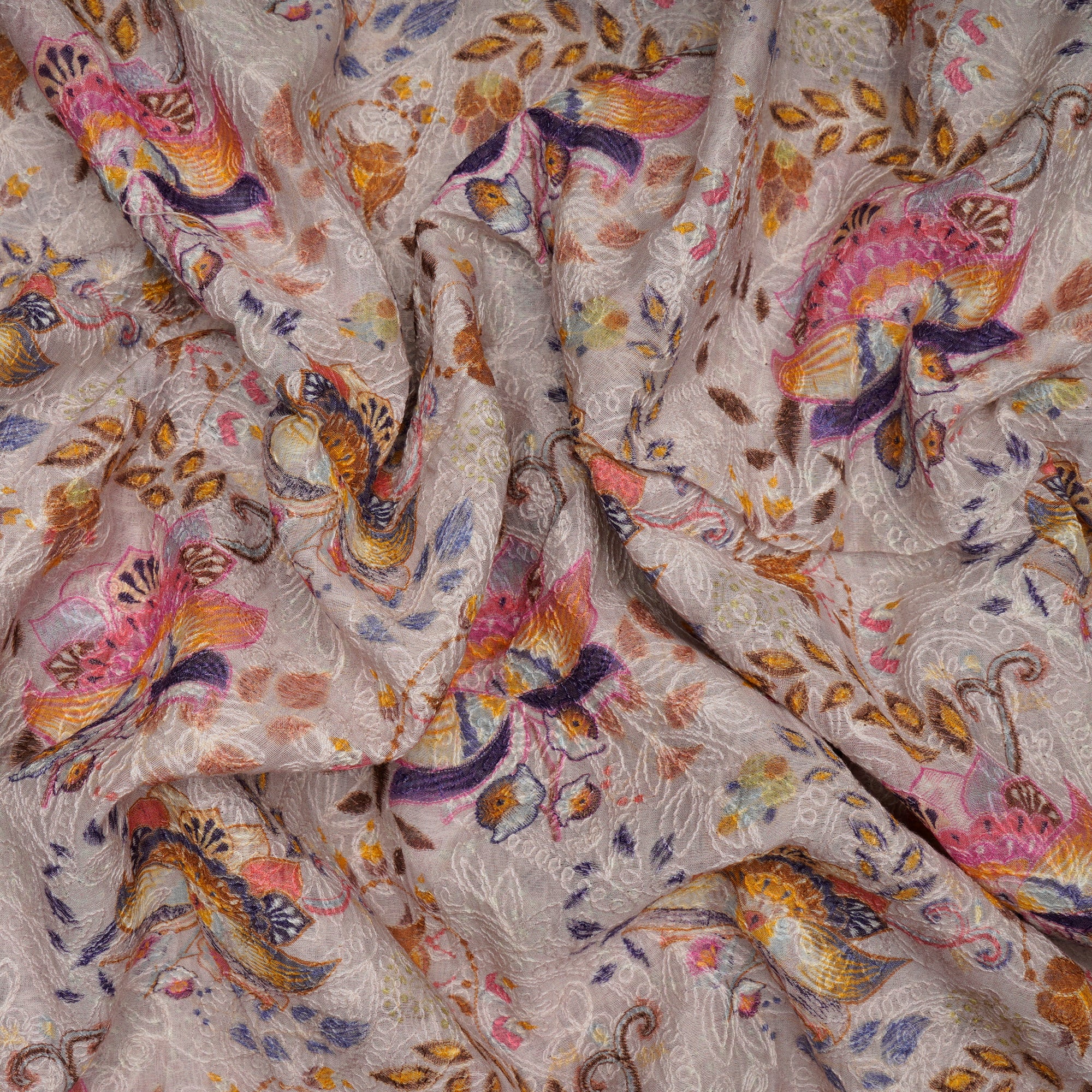 (Pre-Cut 3.10 Mtr)Multi Color Digital Printed Embroidered Pure Chanderi Fabric