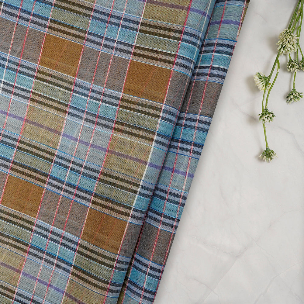 (Pre-Cut 2.50 Mtr)Multi Color Fancy Check Pattern Woven Pure Cotton Voile Fabric
