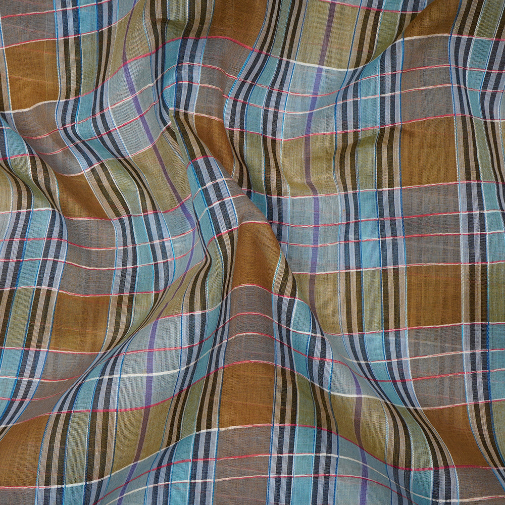 (Pre-Cut 2.50 Mtr)Multi Color Fancy Check Pattern Woven Pure Cotton Voile Fabric