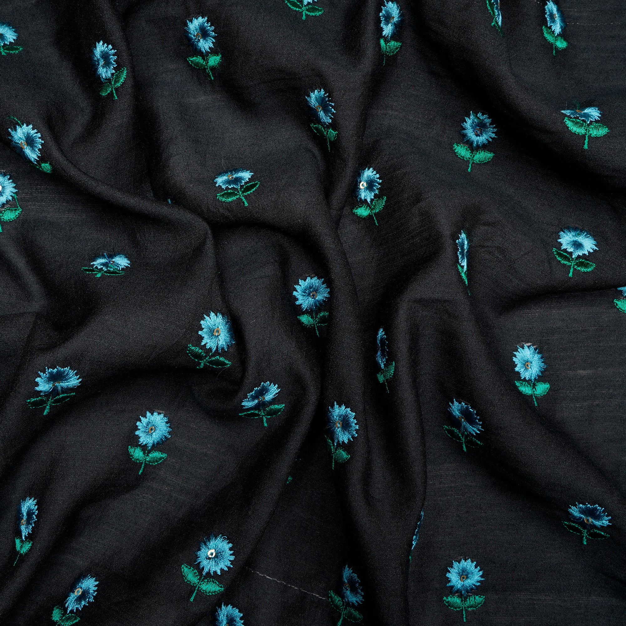 (Pre-Cut 0.55 Mtr)Black-Blue Color Embroidered Muga Silk Fabric