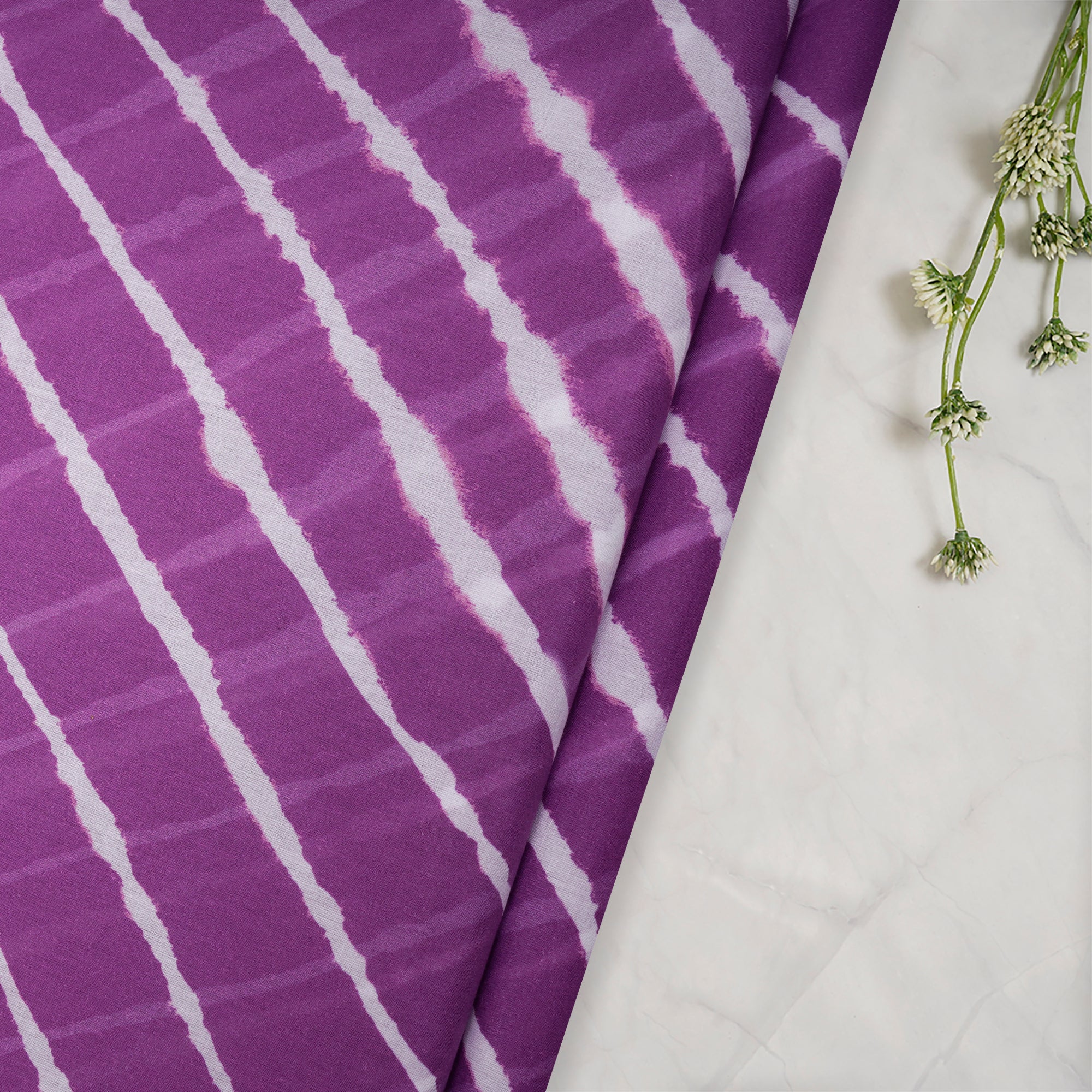 (Pre-Cut 4.00 Mtr)Purple Digital Printed Leheriya Pattern Voile Cotton Muslin Fabric