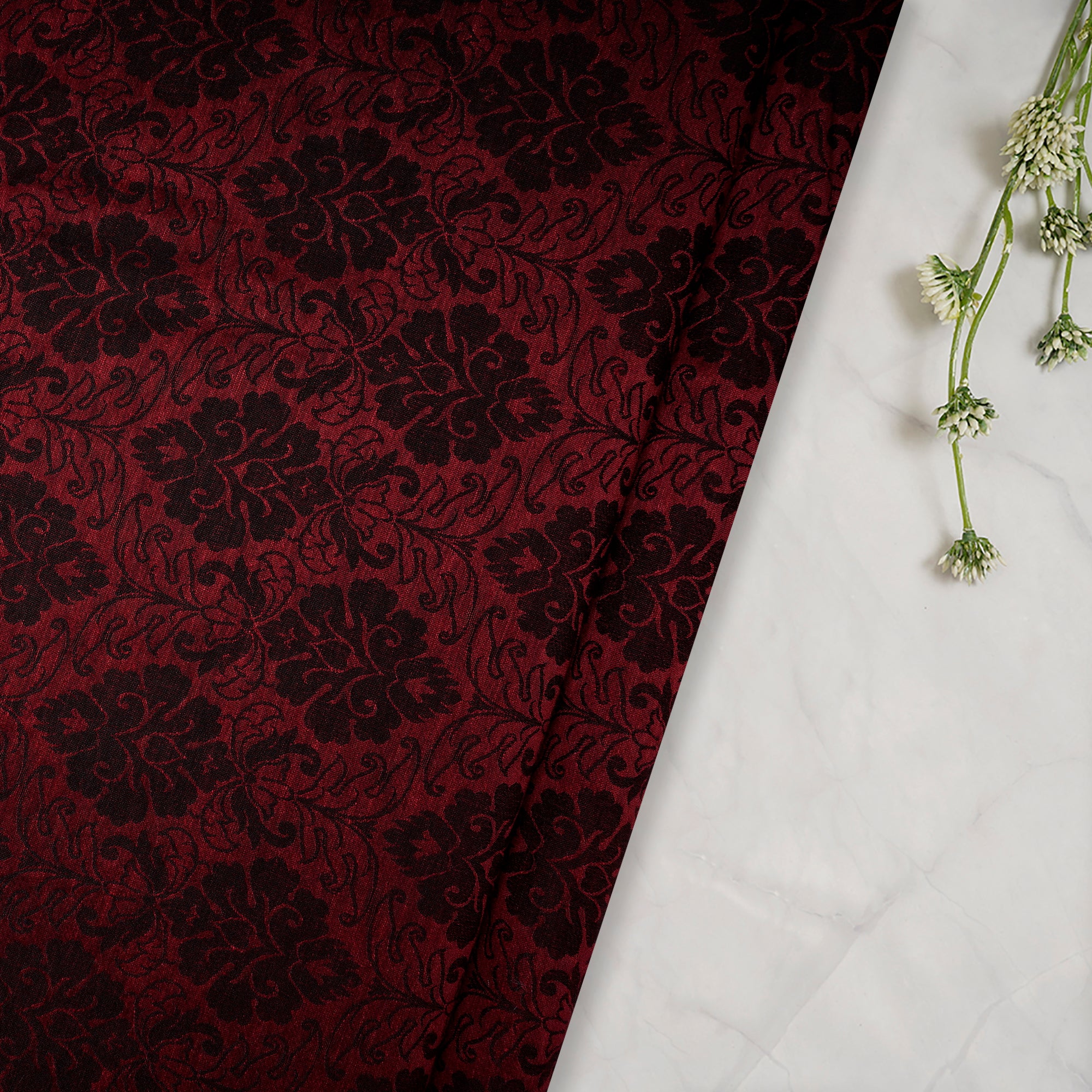 (Pre-Cut 4.50 Mtr)Maroon-Black Floral Paterrn Woven Silk Fabric