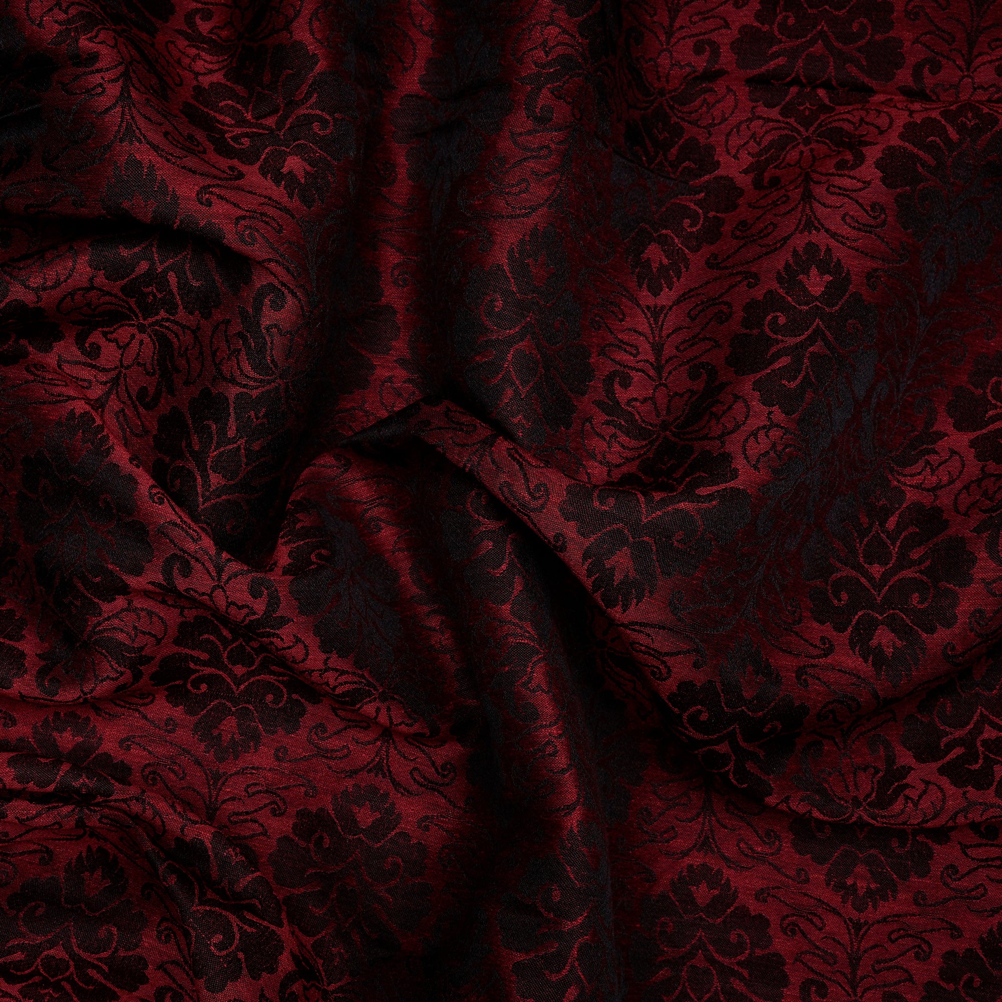(Pre-Cut 4.50 Mtr)Maroon-Black Floral Paterrn Woven Silk Fabric