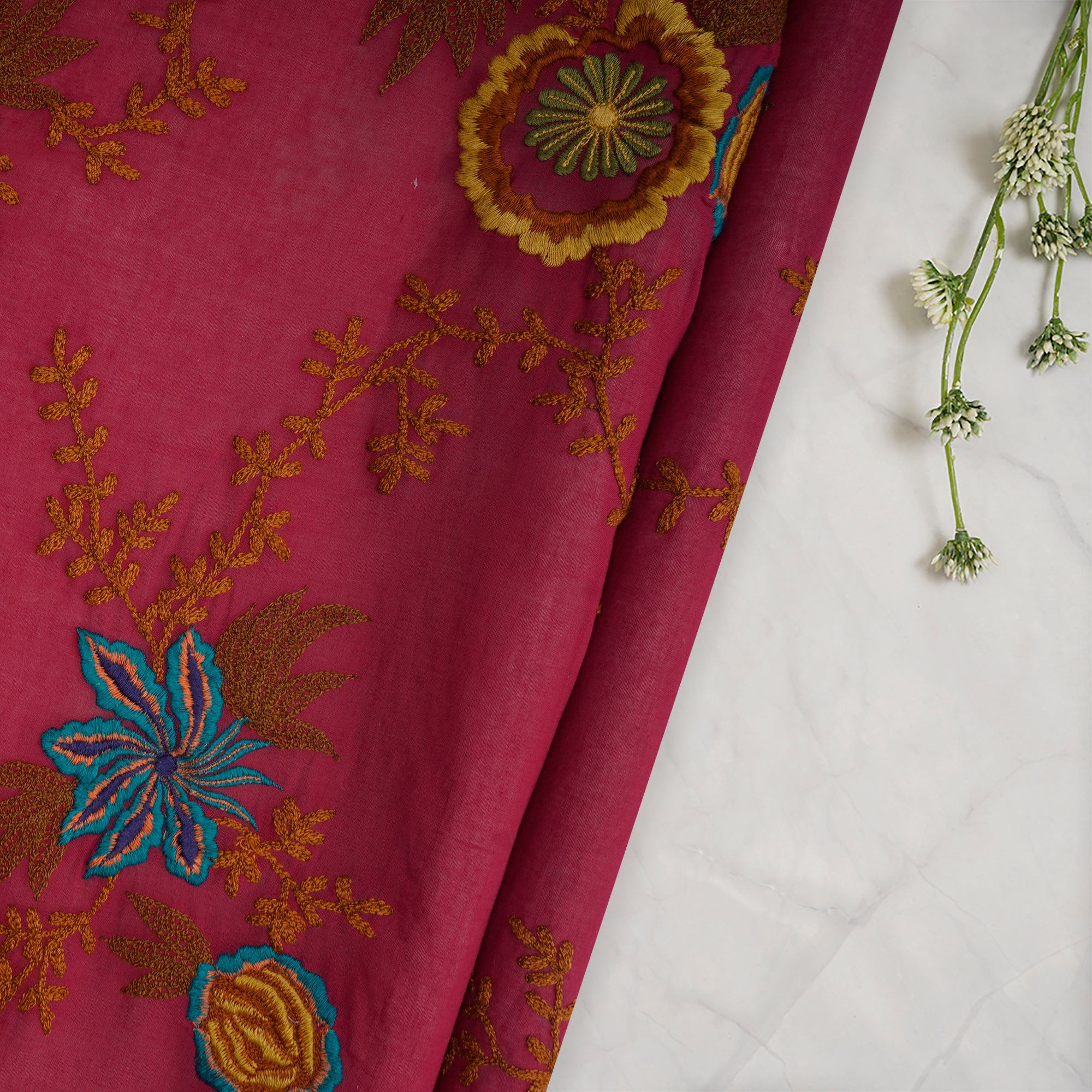 (Pre-Cut 0.50 Mtr) Maroon Floral Pattern Thread Embroidered Cotton Fabric