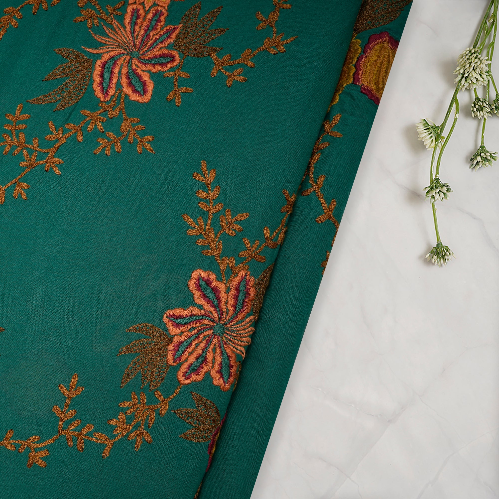 (Pre-Cut 2.50 Mtr)Green Embroidered Cotton Voile Fabric