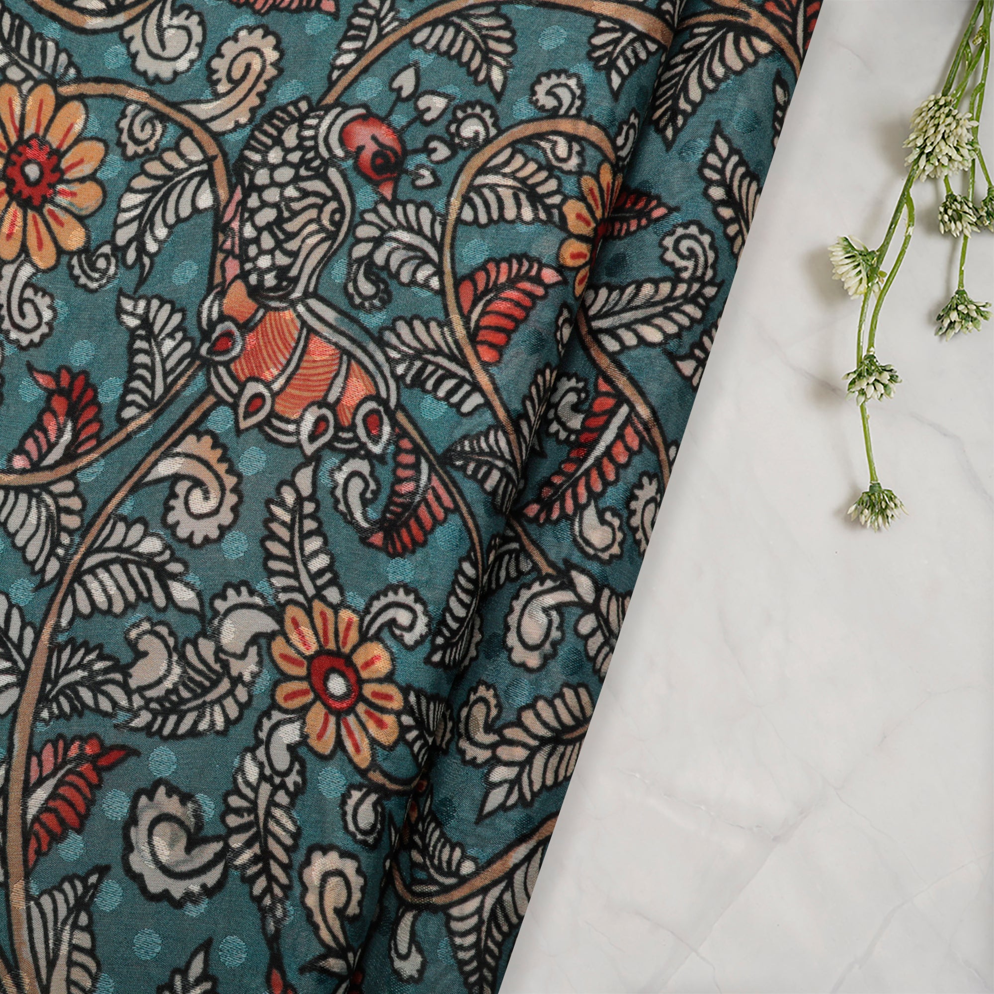 (Pre-Cut 2.45 Mtr)Teal Color Digital Printed Kalamkari Pattern Bemberg Crepe Jacquard Fabric