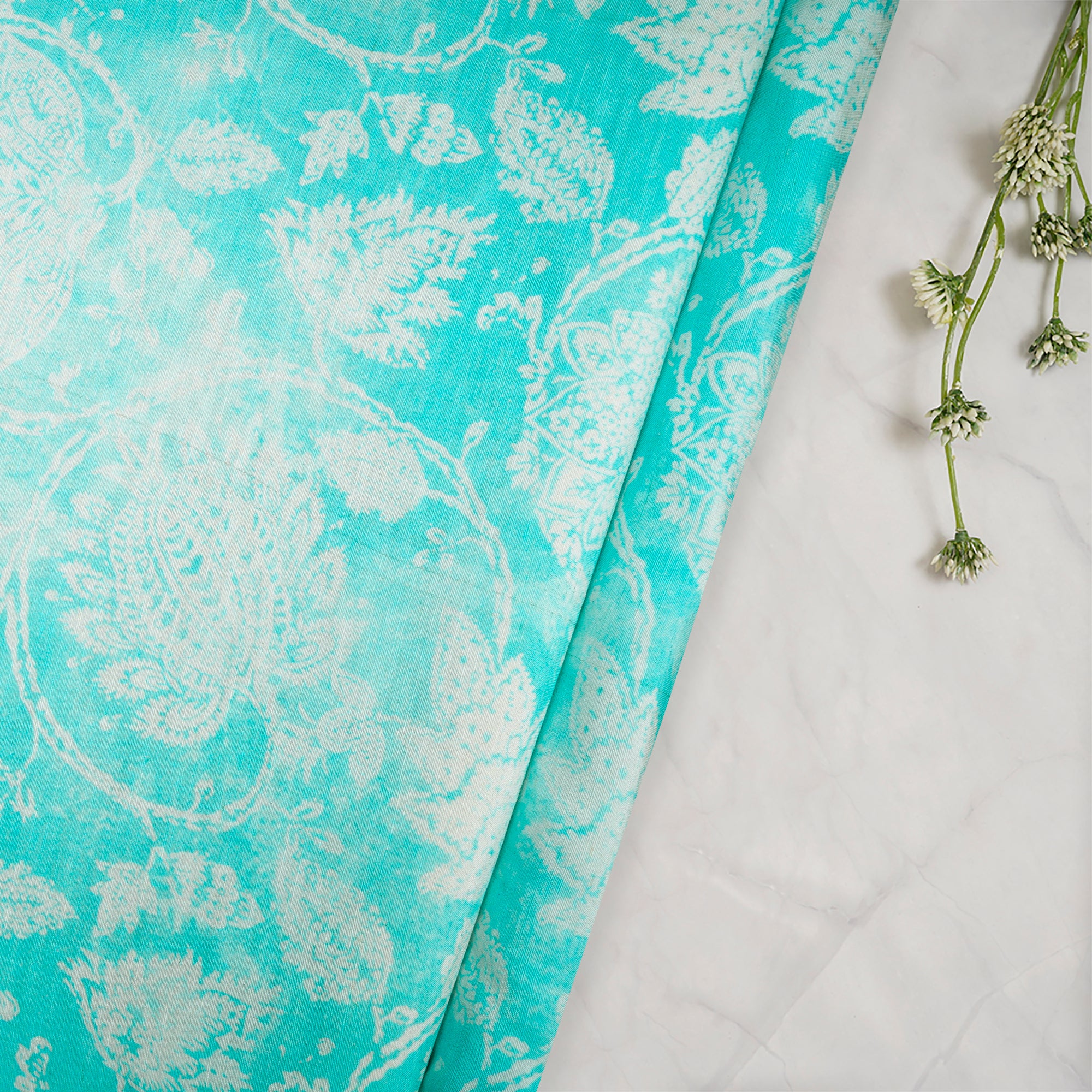 (Pre-Cut 1.10 Mtr)Aqua Splash Floral Pattern Digital Print-Bemberg Linen Fabric