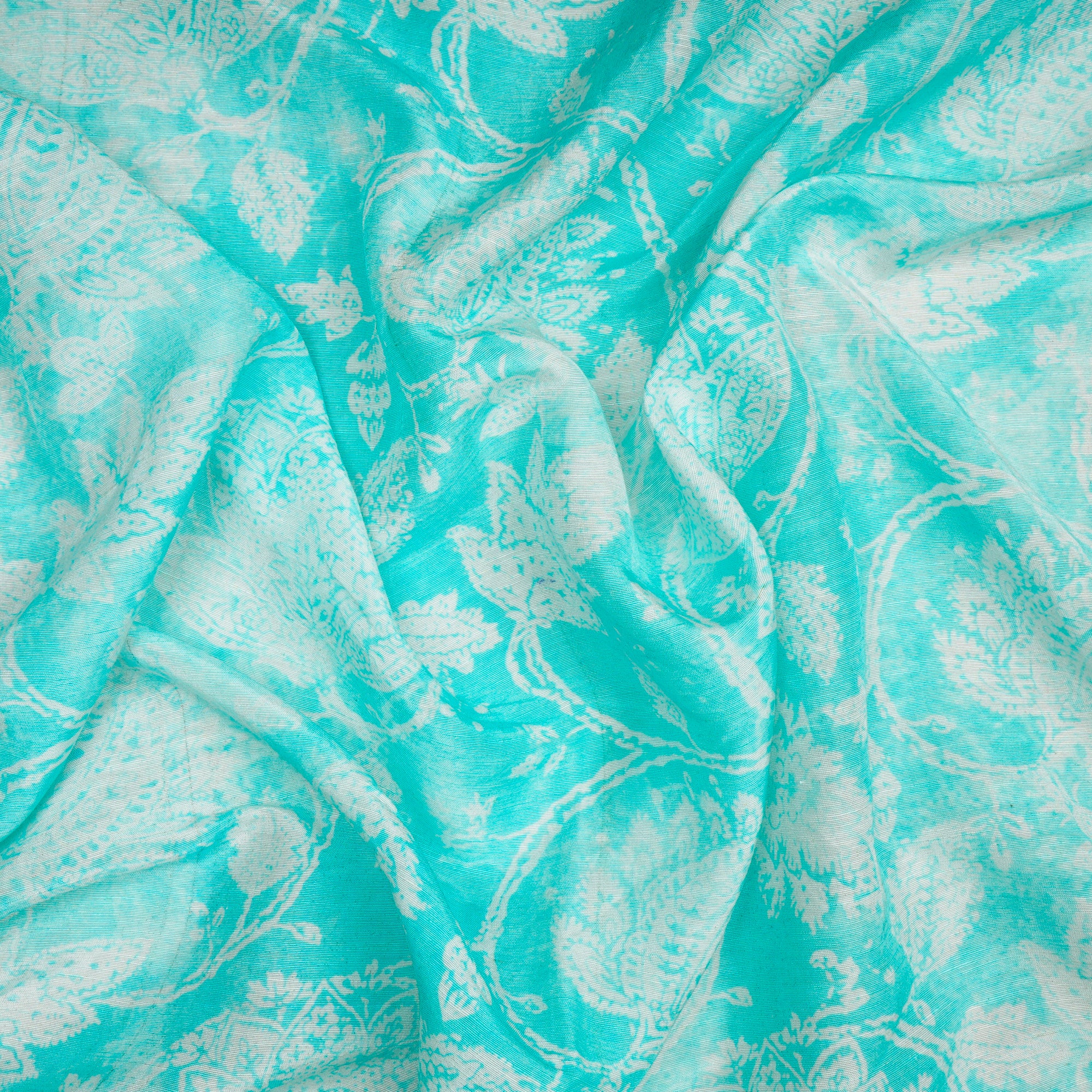 (Pre-Cut 1.10 Mtr)Aqua Splash Floral Pattern Digital Print-Bemberg Linen Fabric