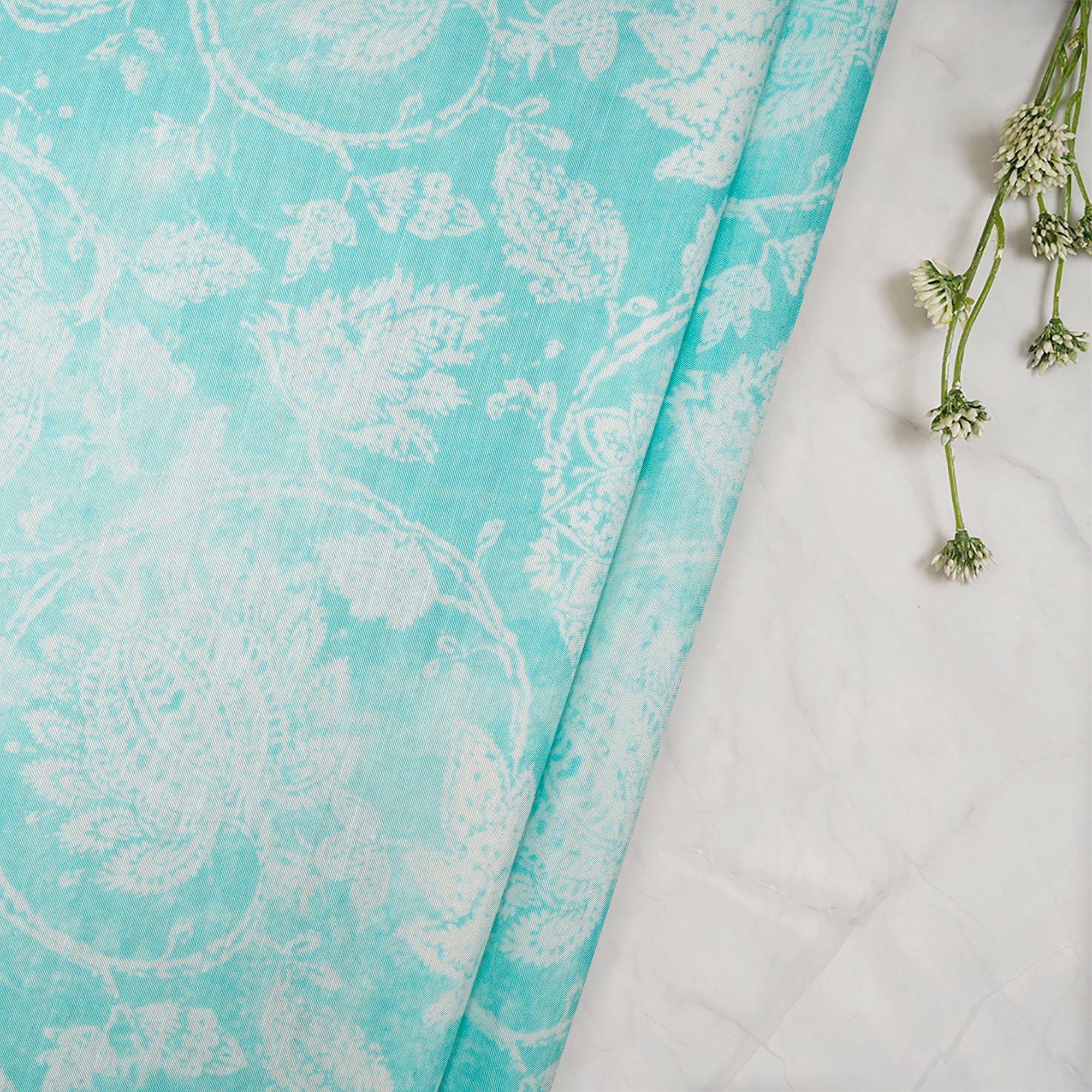 (Pre-Cut 1.20 Mtr) Aqua Splash Floral Pattern Digital Print Bemberg Linen Fabric