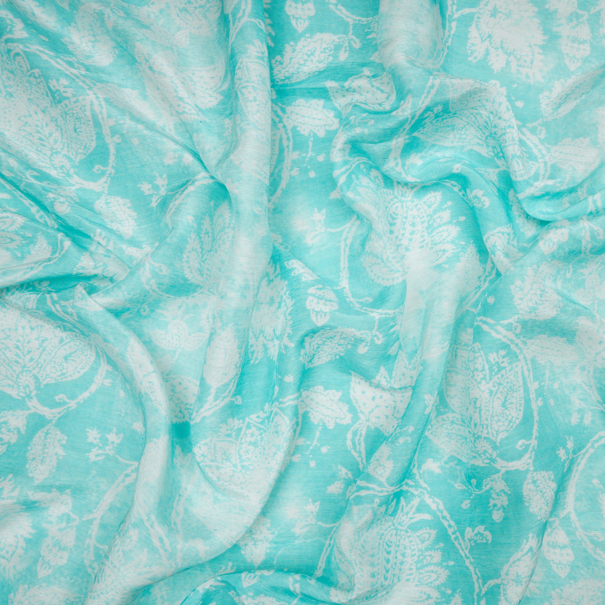 (Pre-Cut 1.20 Mtr) Aqua Splash Floral Pattern Digital Print Bemberg Linen Fabric