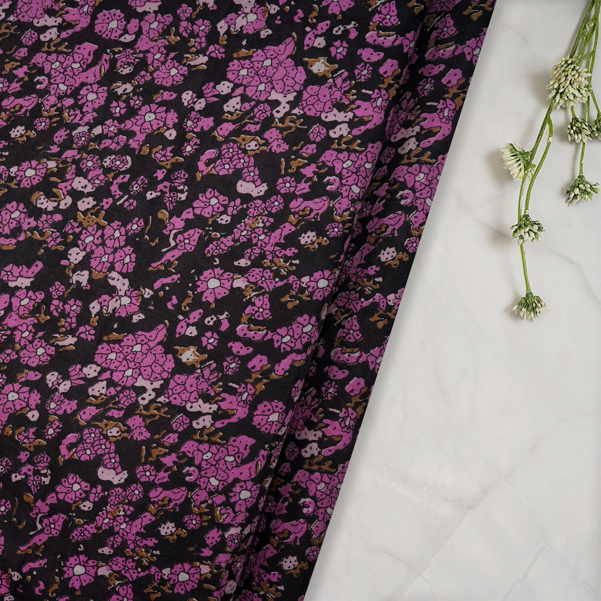(Pre-Cut 3.30 Mtr) Black-Purple Color Printed Silk Cotton Organza Fabric