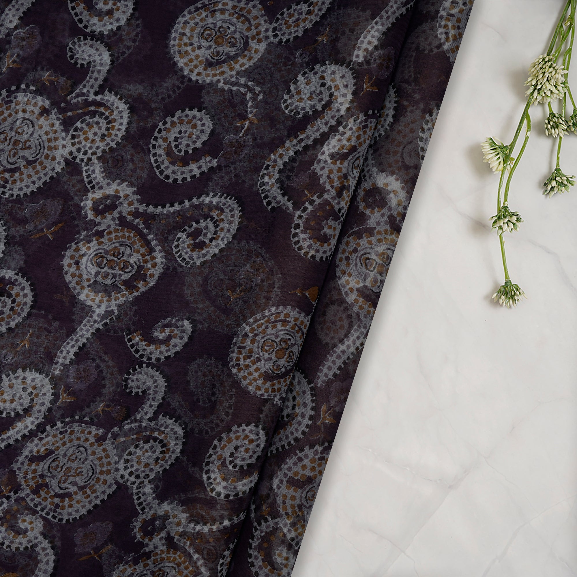 (Pre-Cut 3.40 Mtr)Mauve Floral Pattern Screen Printed Viscose Chiffon Fabric