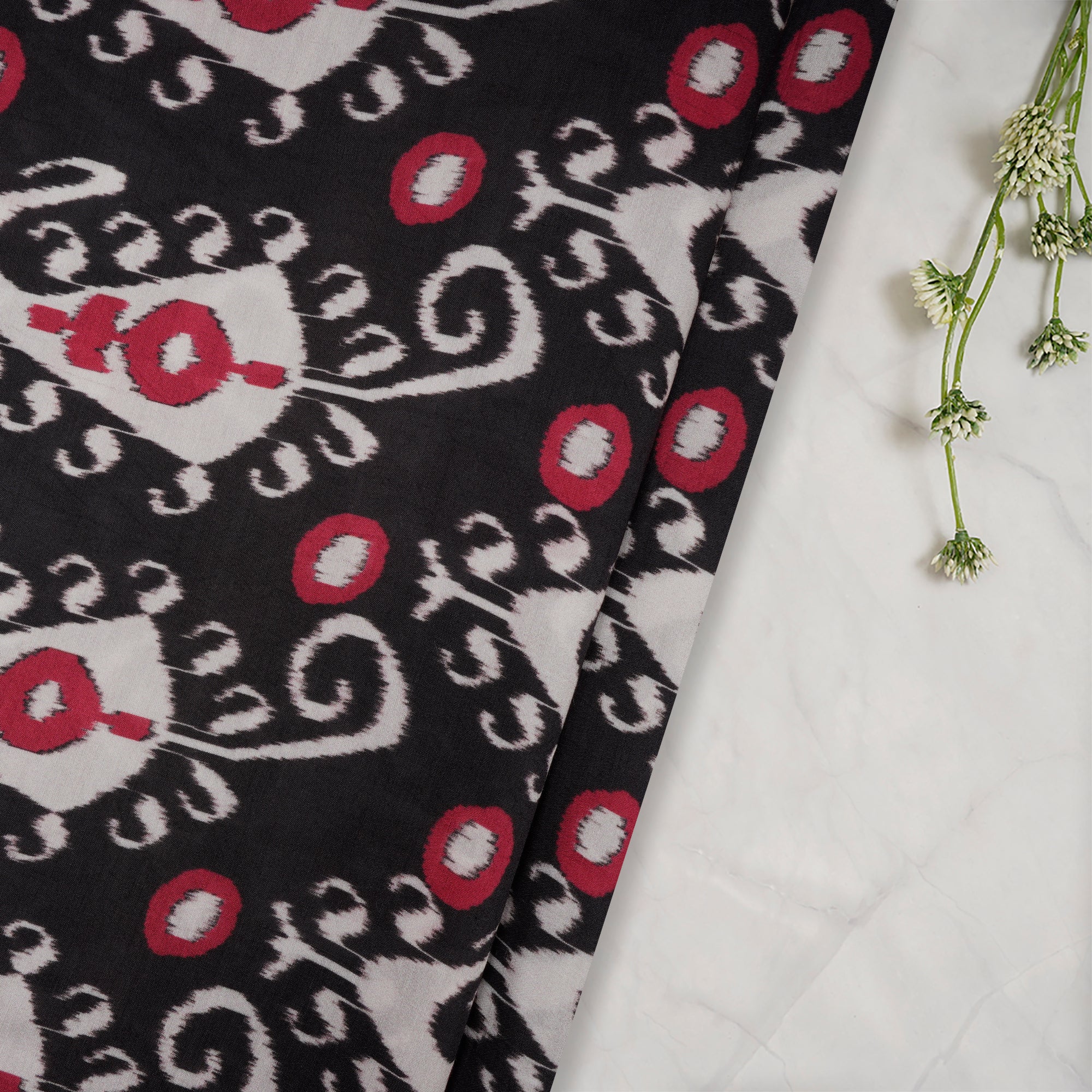 (Pre-Cut 2.70 Mtr)Black-Red Ikat Pattern Digital Print Bemberg Muslin Fabric