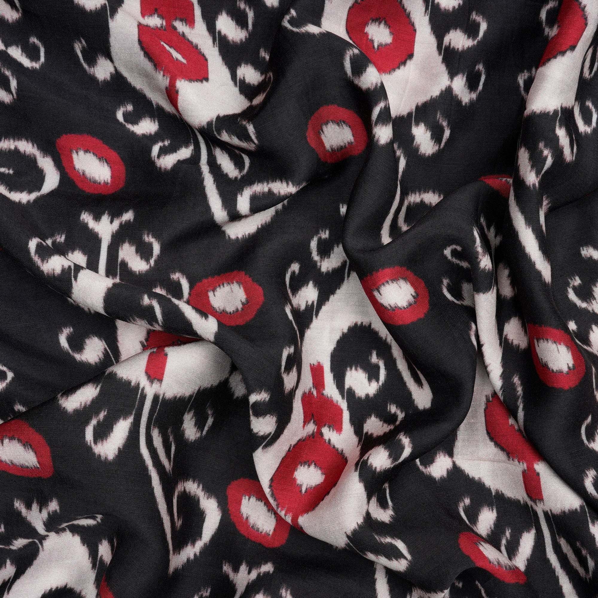 (Pre-Cut 2.70 Mtr)Black-Red Ikat Pattern Digital Print Bemberg Muslin Fabric