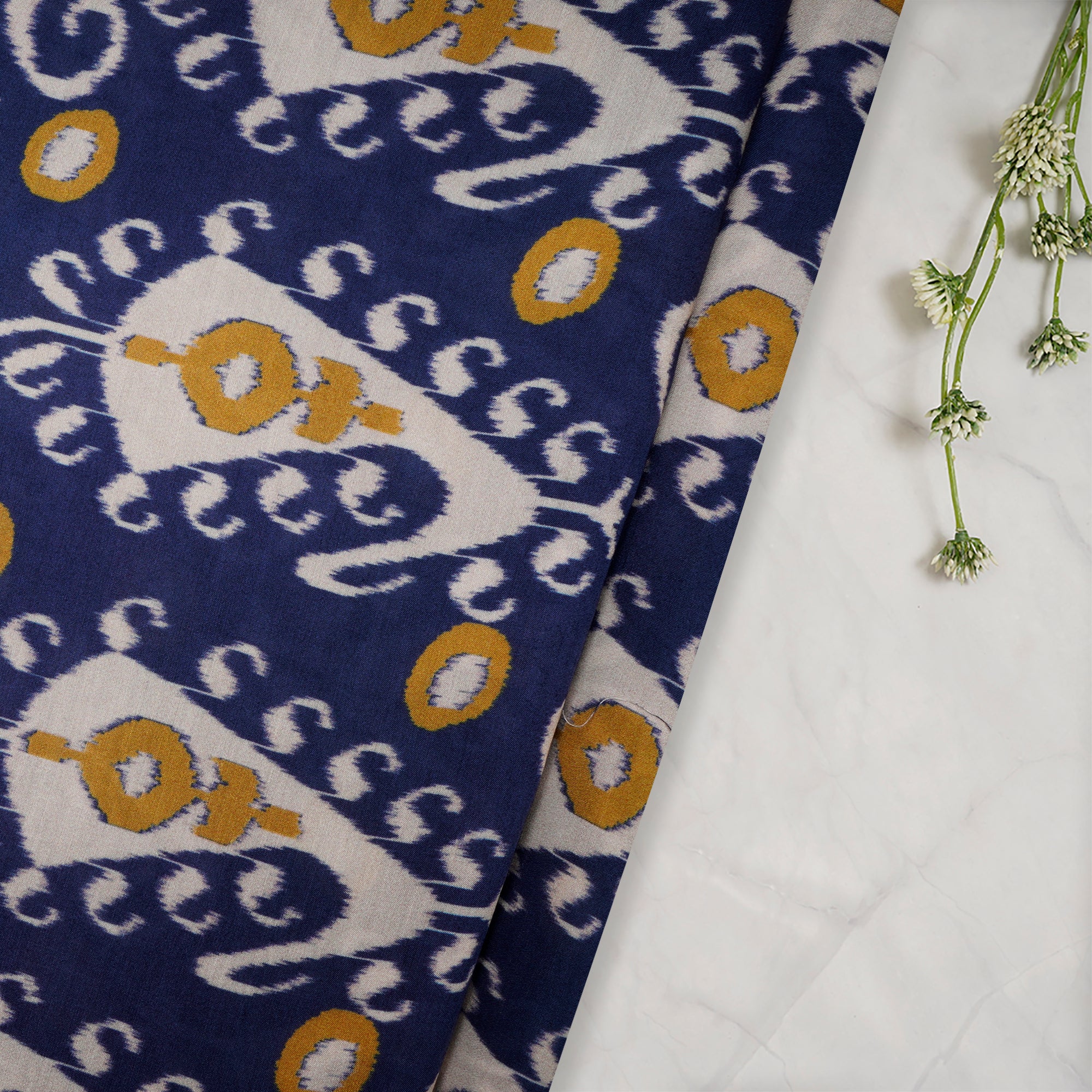 (Pre-Cut 4.00 Mtr)Blue-Yellow Ikat Pattern Digital Print Bemberg Statin Fabric