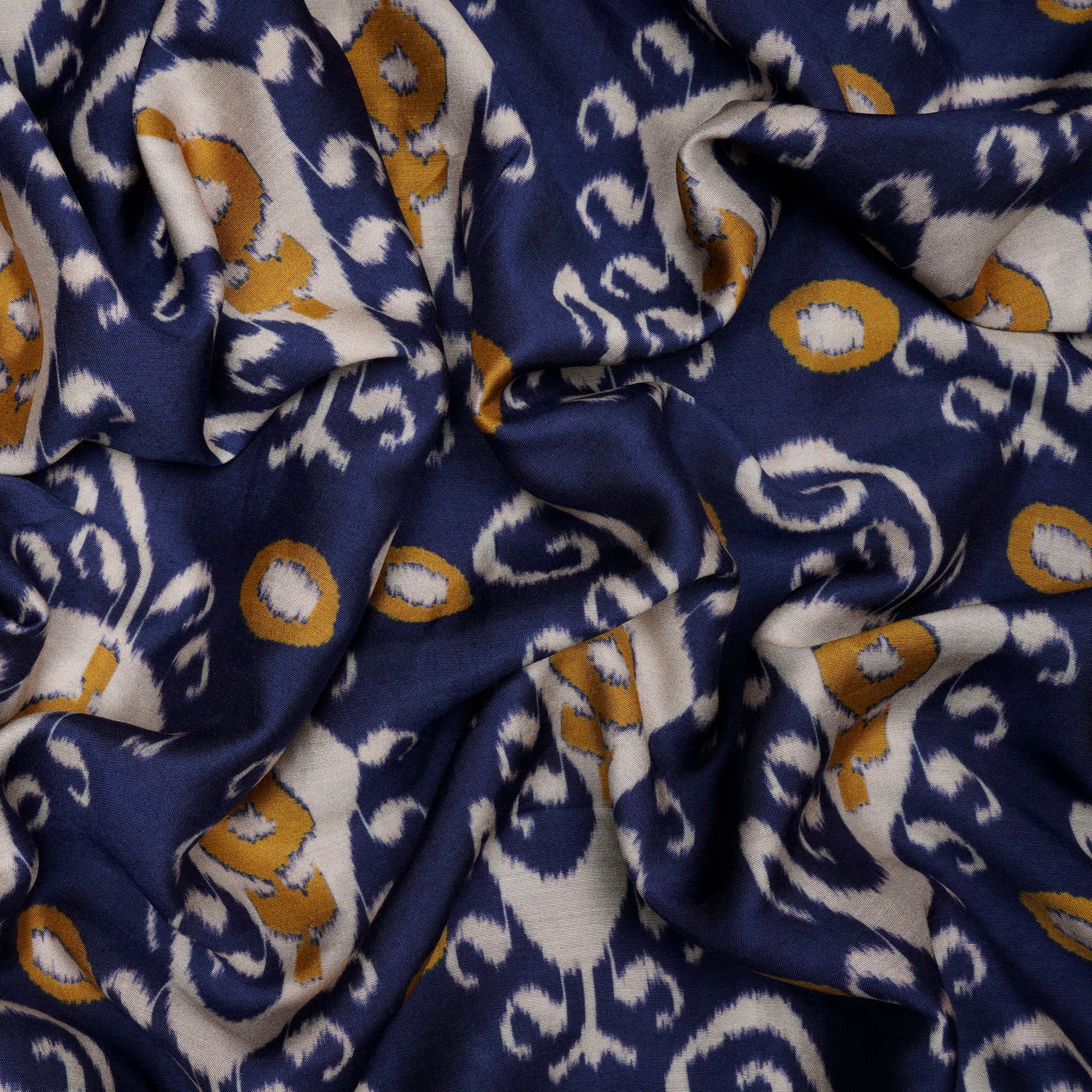 (Pre-Cut 4.00 Mtr)Blue-Yellow Ikat Pattern Digital Print Bemberg Statin Fabric