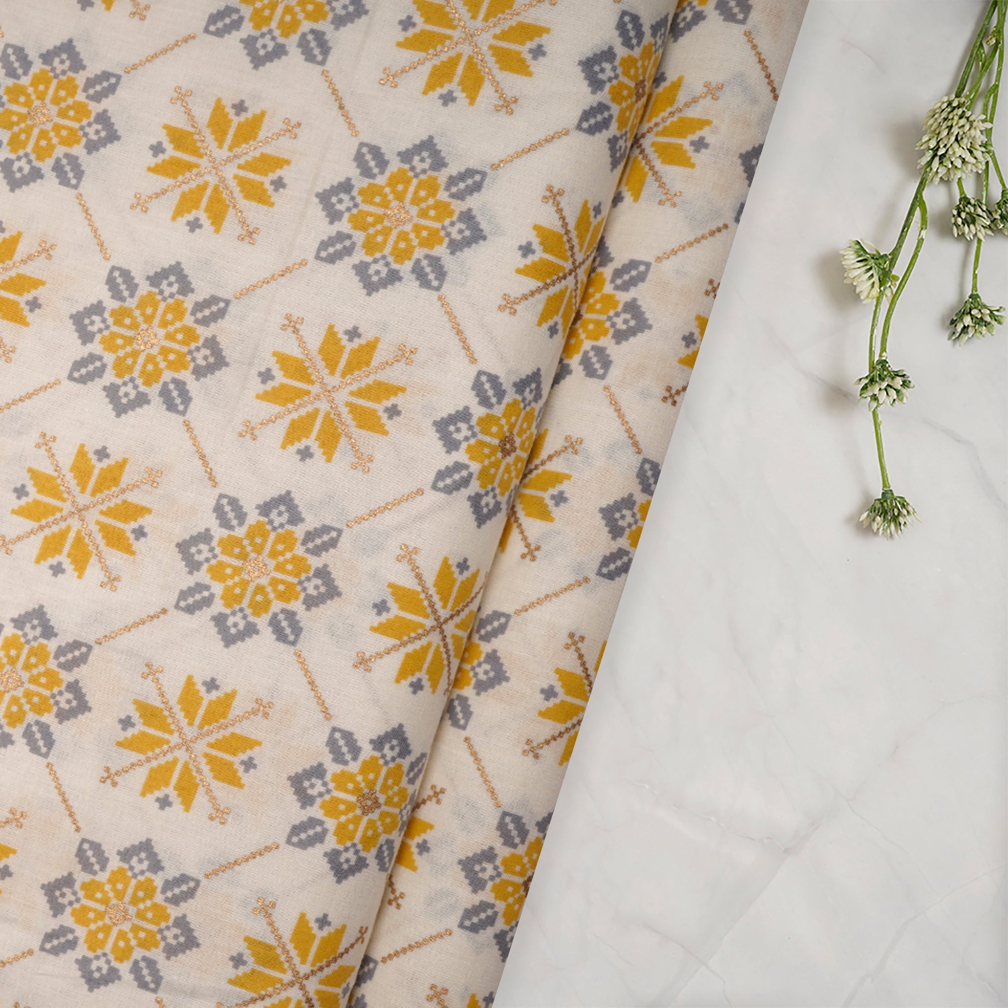 (Pre-Cut 0.65 Mtr)Cream-Musturd Floral Motif Screen Printed Pure Cotton Fabric