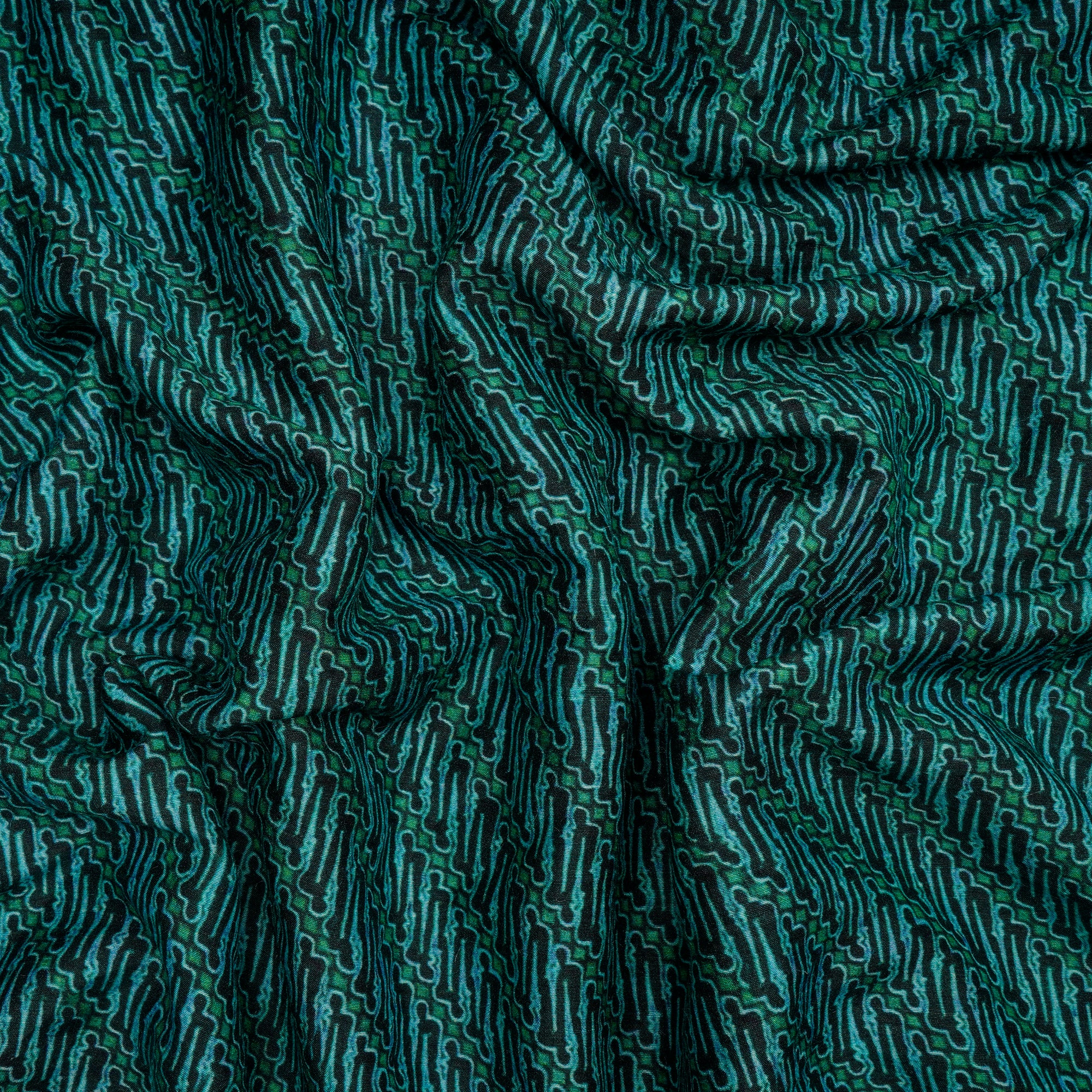 (Pre-Cut 3.20 Mtr)Blue-Green All Over Pattern Digital Print Silk Fabric
