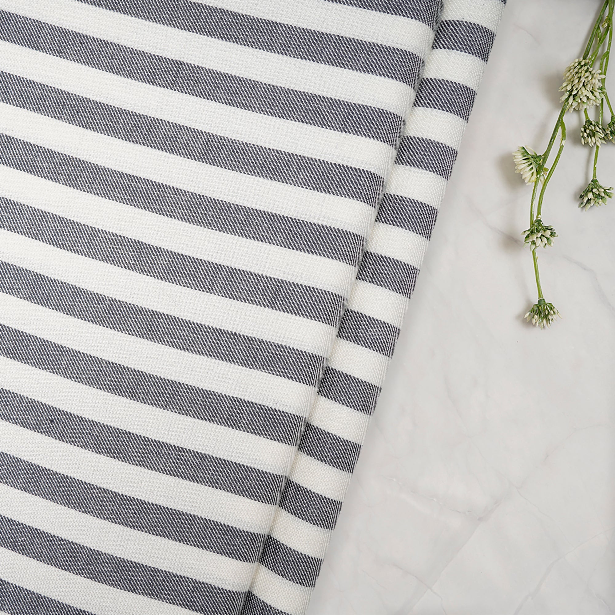 (Pre-Cut 3.20 Mtr) White-Grey Stripe Pattern Cotton Twill Fabric