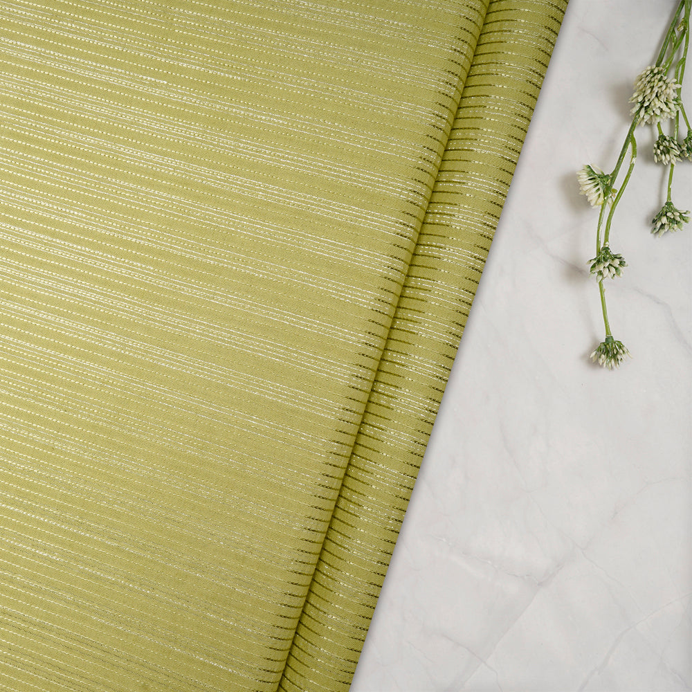 (Pre-Cut 3.00 Mtr)Green Color Embroidered Plain Cotton Fabric With Lurex Striped Fabric