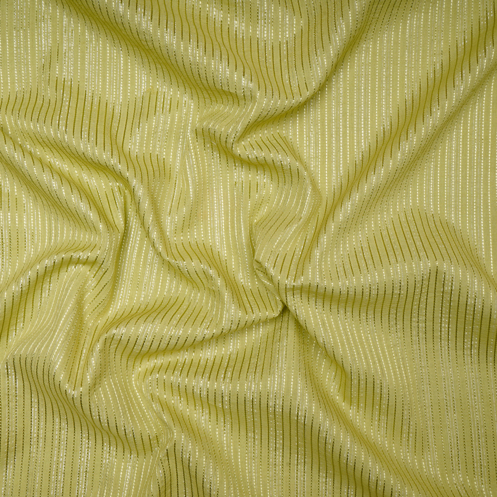 (Pre-Cut 3.00 Mtr)Green Color Embroidered Plain Cotton Fabric With Lurex Striped Fabric