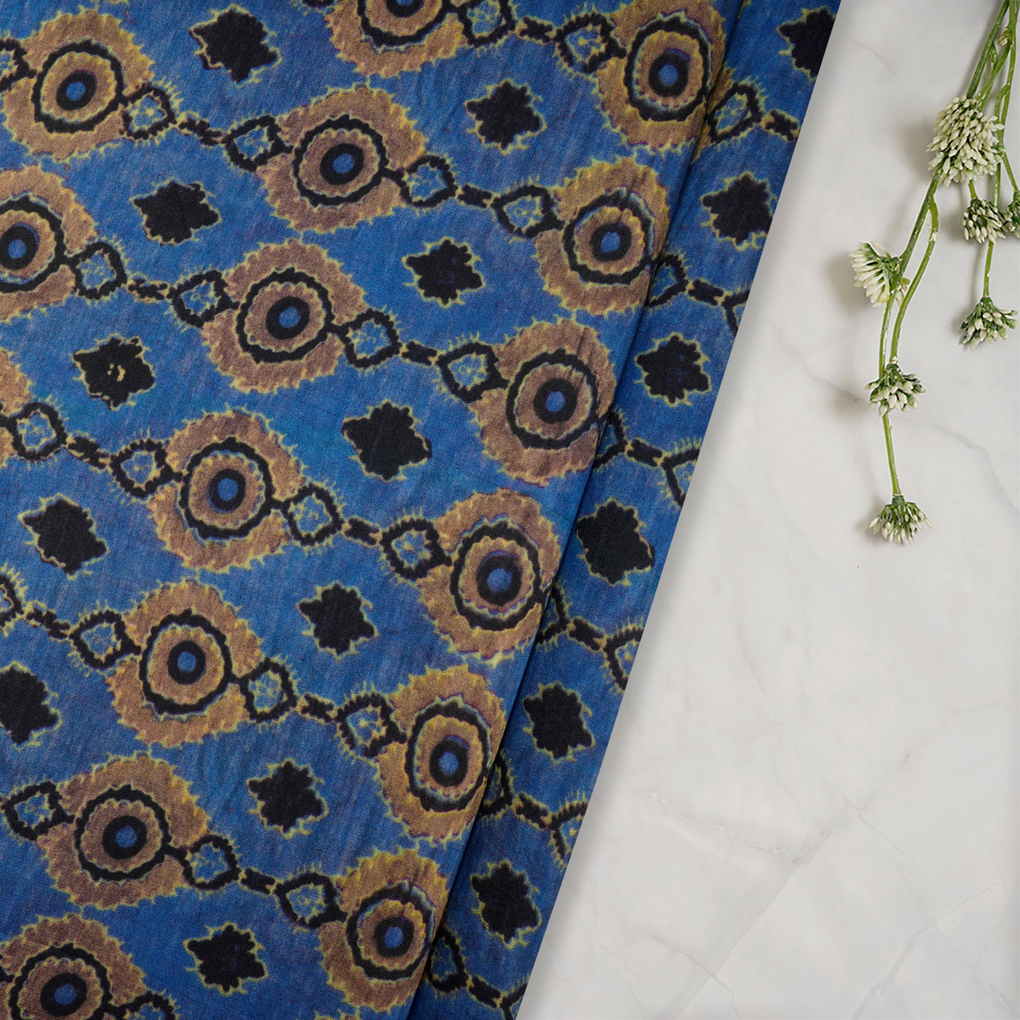 (Pre-Cut 2.30 Mtr)Blue All Over Pattern Digital Printed Bemberg Muslin Fabric