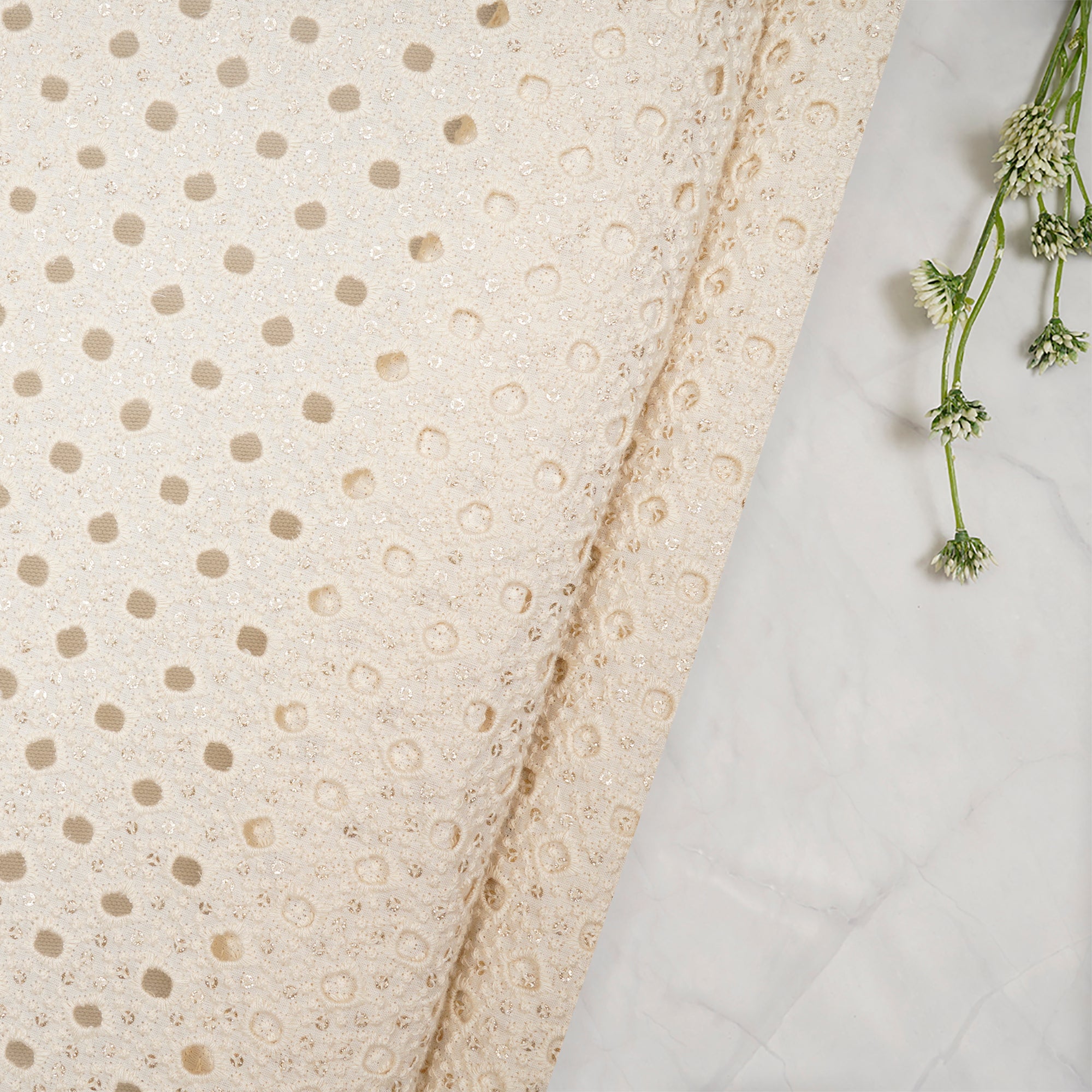 (Pre-Cut 0.95 Mtr)Off White Color Embroidered Cotton Fabric