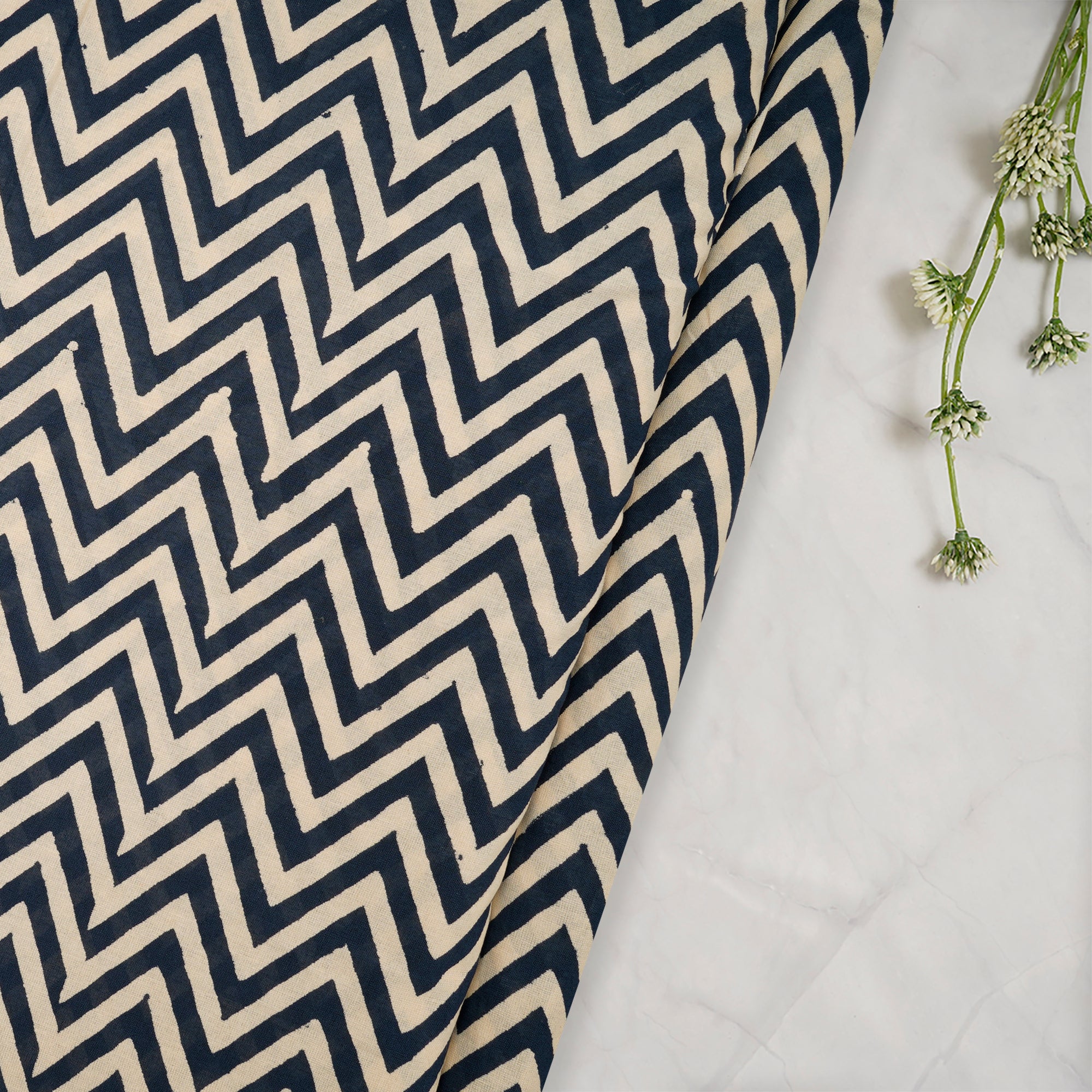 (Pre-Cut 1.80 Mtr)Blue-Cream Chevron Pattern Handcrafted Ajrak Printed Voile Fabric