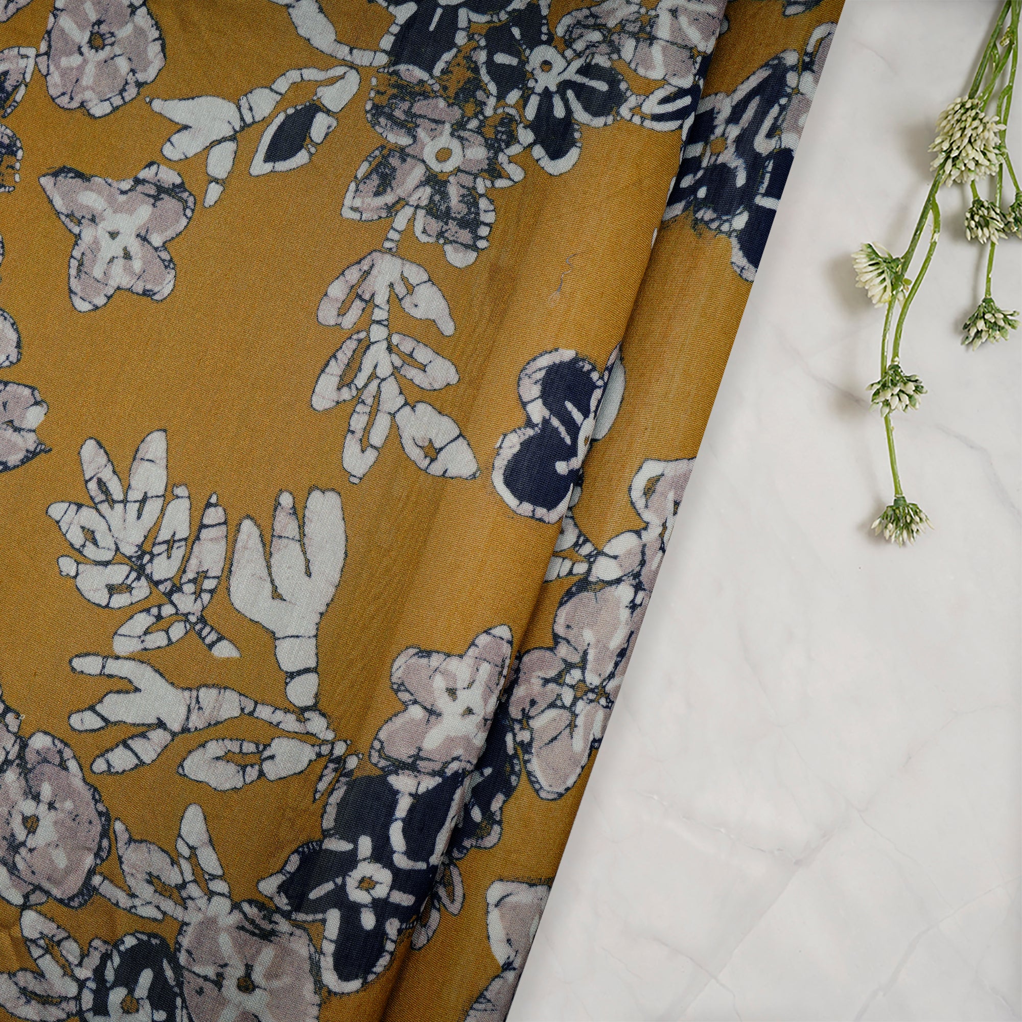 (Pre-Cut 0.60 Mtr)Gold Yellow Floral Pattern Digital Print Chanderi Fabric