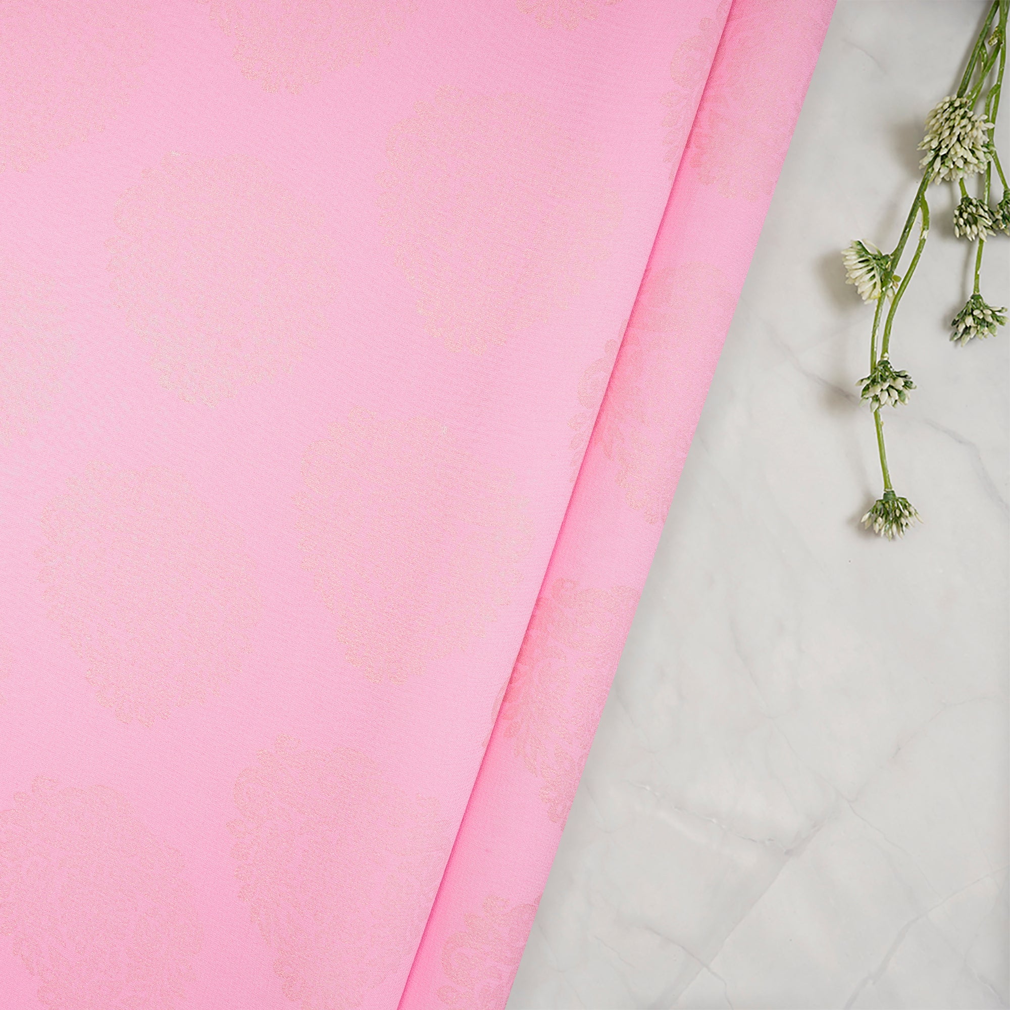 (Pre-Cut 4.90 Mtr)Pink Color Foil Printed Georgette Silk Fabric