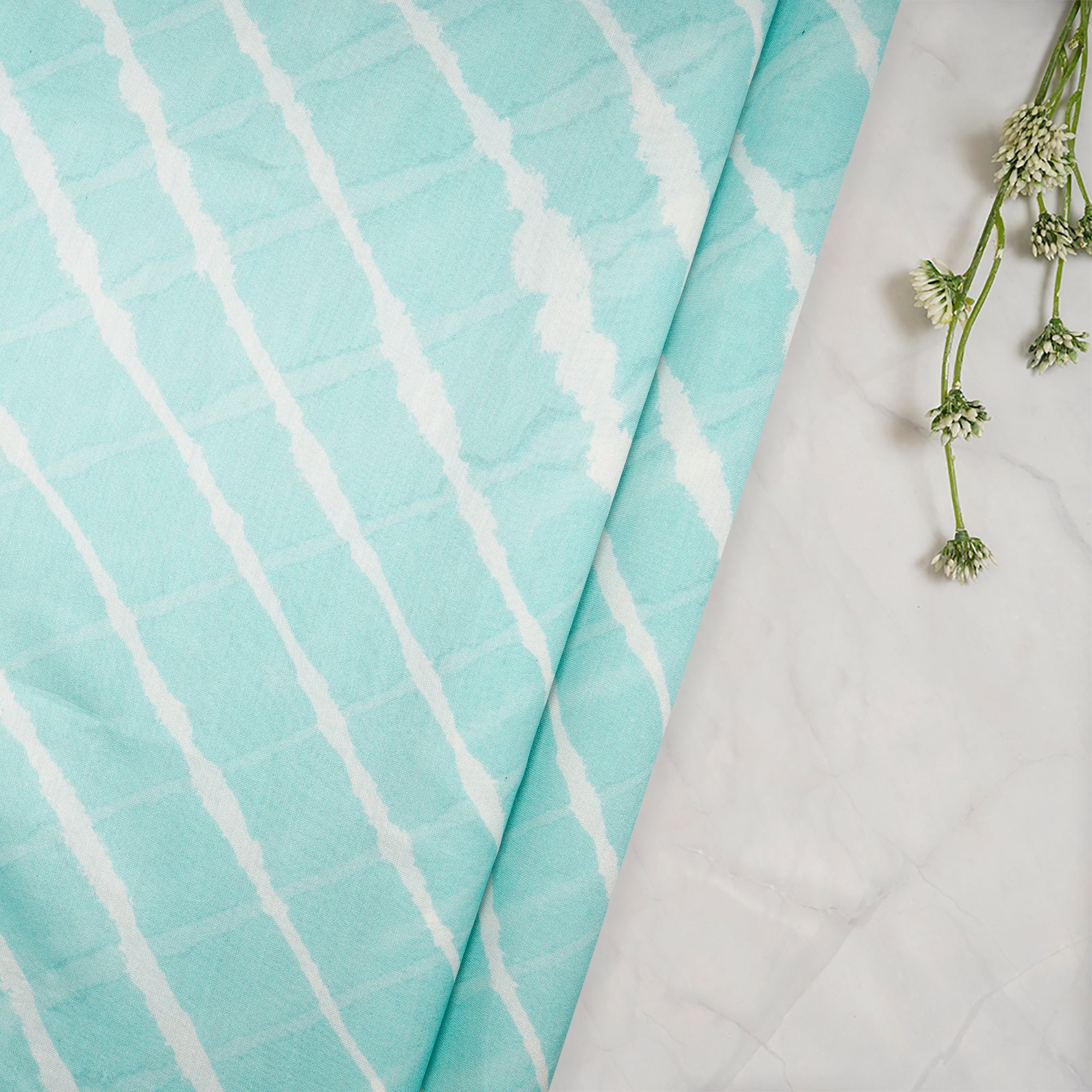 (Pre-Cut 1.85 Mtr)Ice Cold Blue Lehariya Pattern Digital Printed Pure Chanderi Fabric