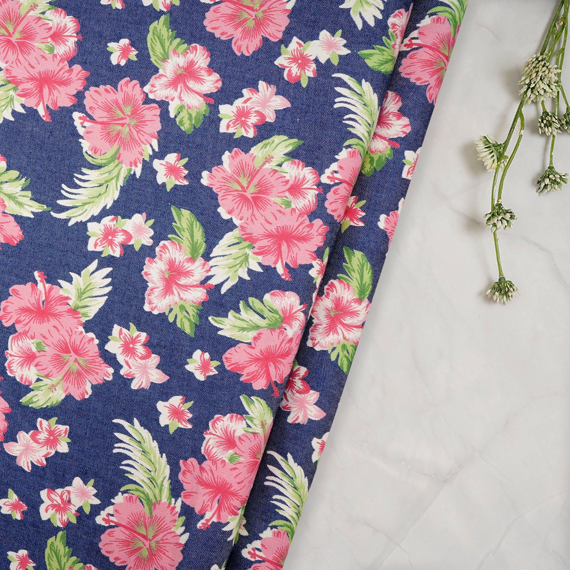 (Pre-Cut 1.60 Mtr)Multi Color Floral Pattern Digital Print Denim Fabric