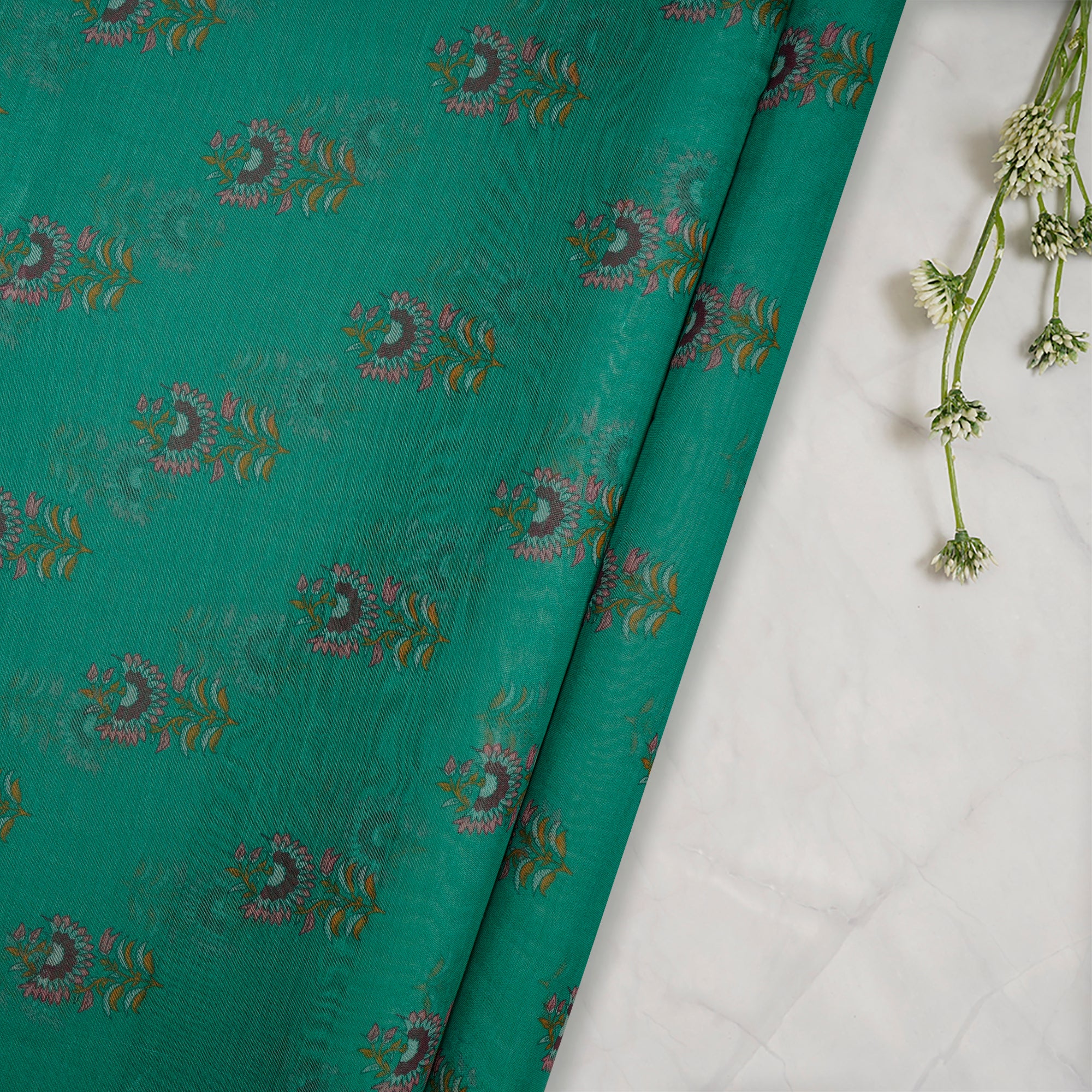 (Pre-Cut 1.80 Mtr)Green Floral Pattern Digital Printed Pure Chanderi Fabric