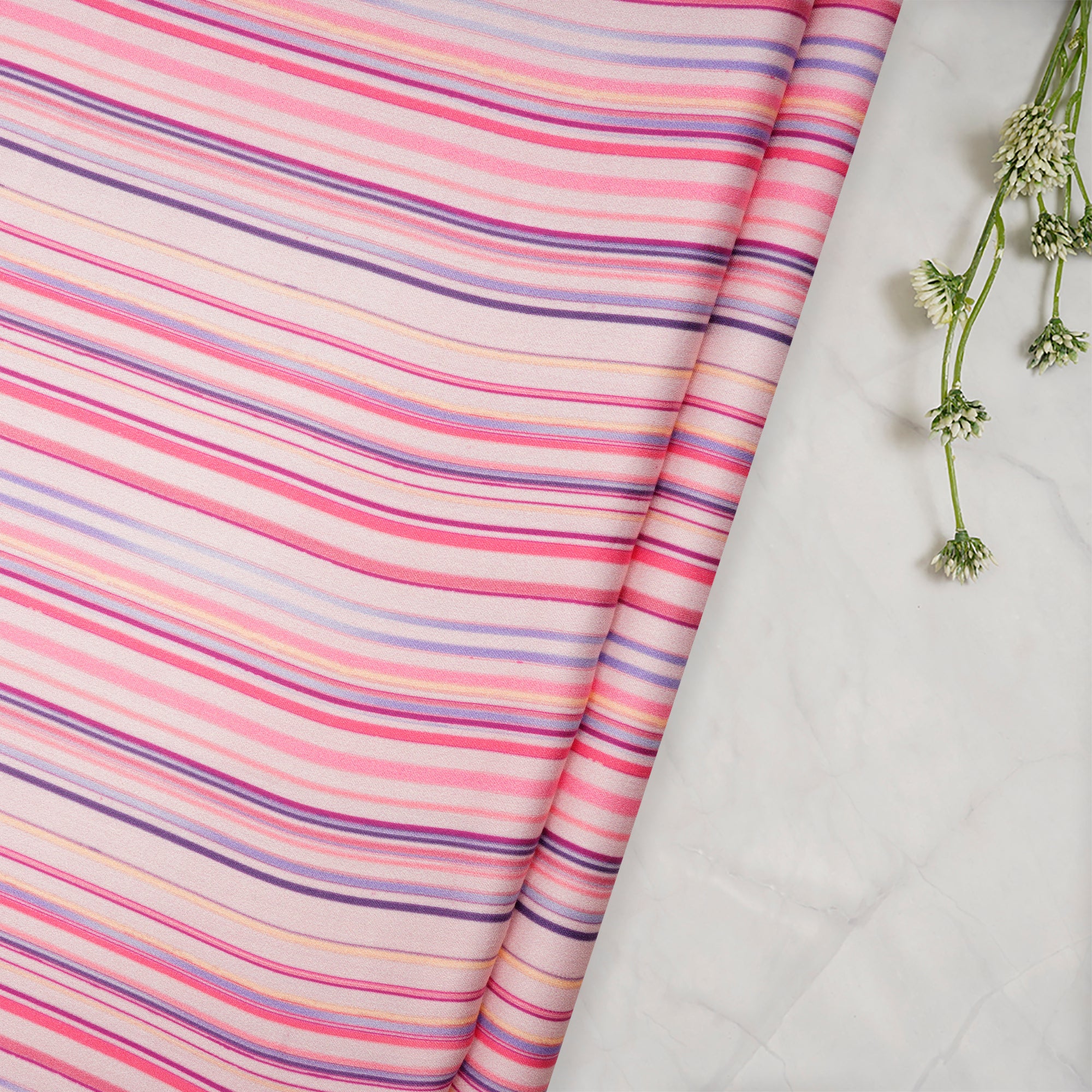 (Pre-Cut 1.50 Mtr)Pink Stripe Pattern Digital Print-Maple Silk Fabric