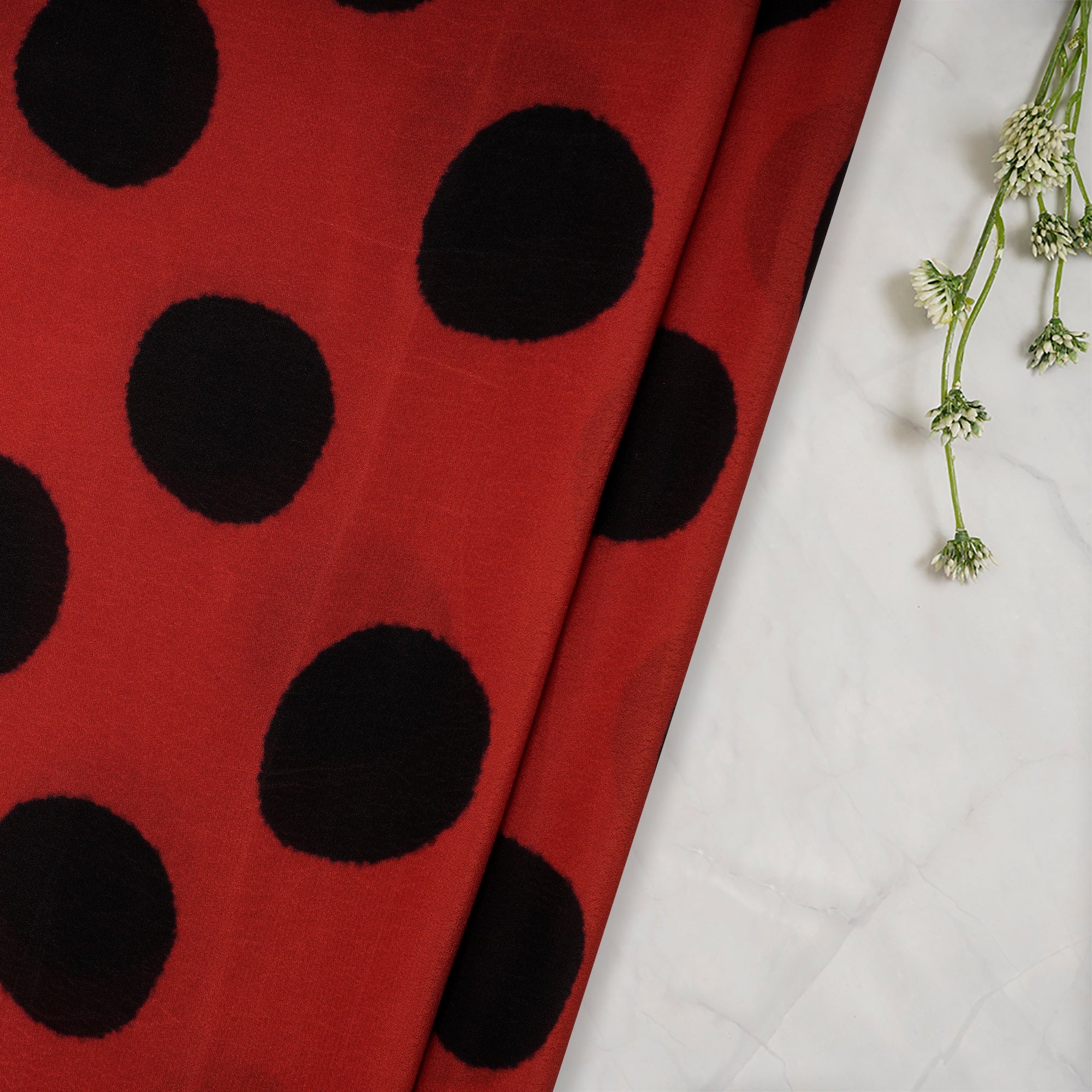 (Pre-Cut 1.40 Mtr)Red-Black Polka Dot Pattern Digital Print Bemberg Fabric