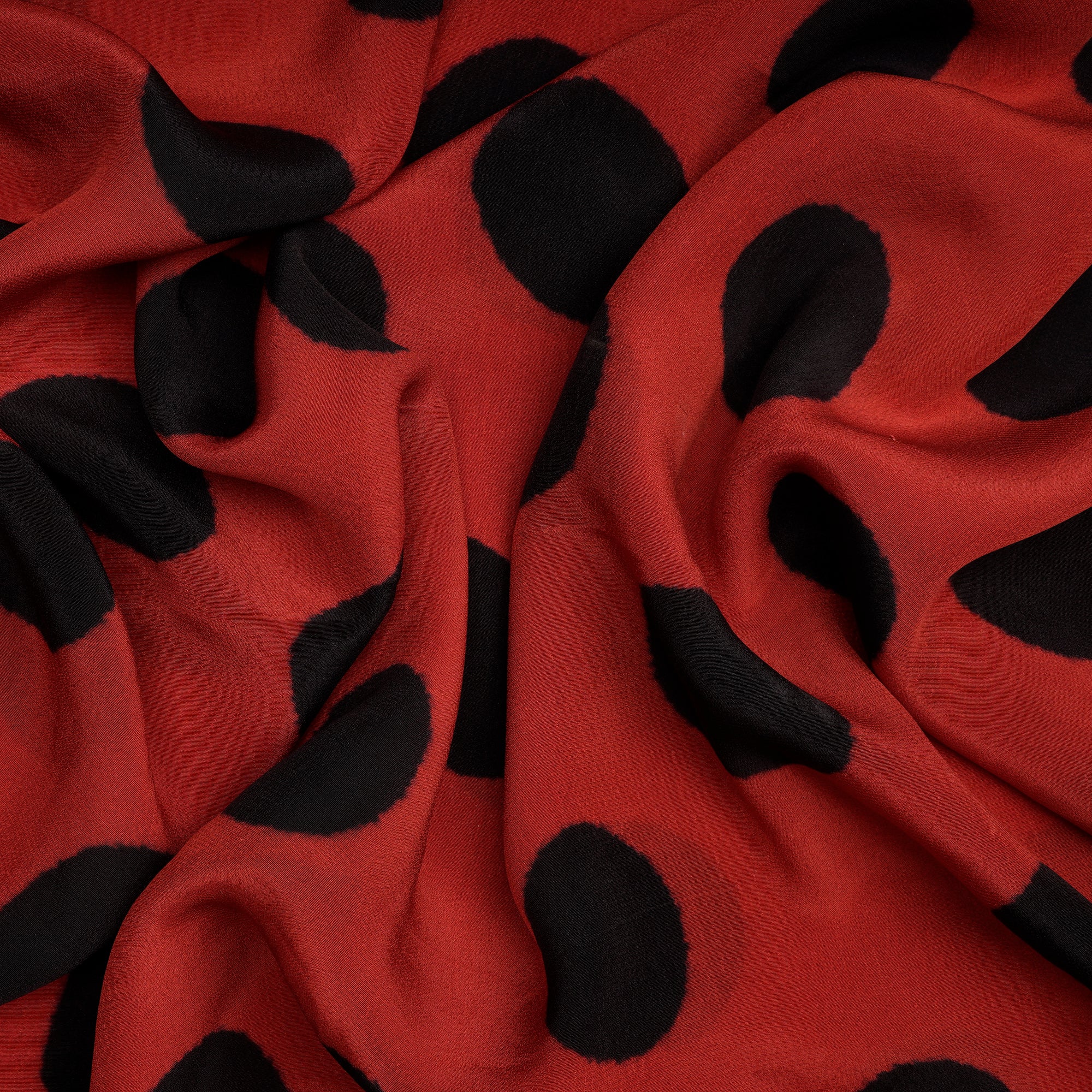 (Pre-Cut 1.40 Mtr)Red-Black Polka Dot Pattern Digital Print Bemberg Fabric