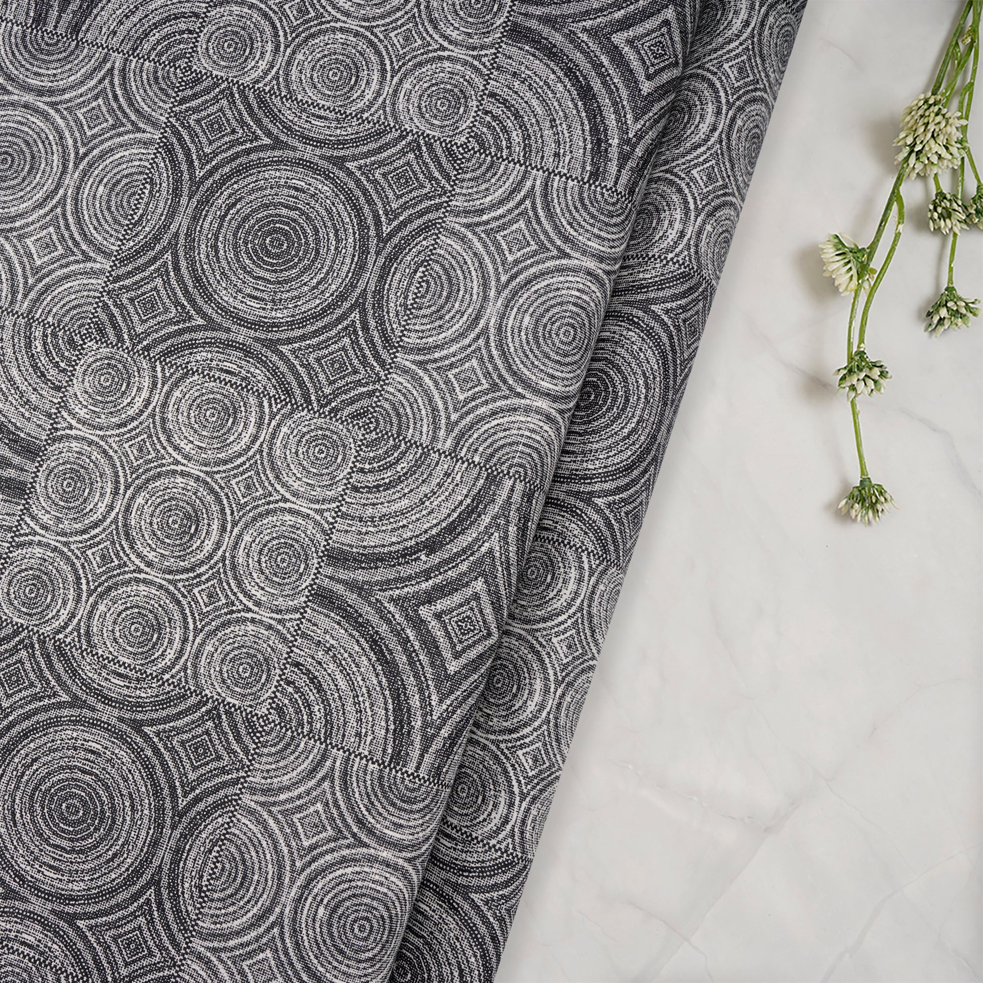 (Pre-Cut 2.70 Mtr)Black-White Geometric Pattern Printed Cambric Cotton Fabric