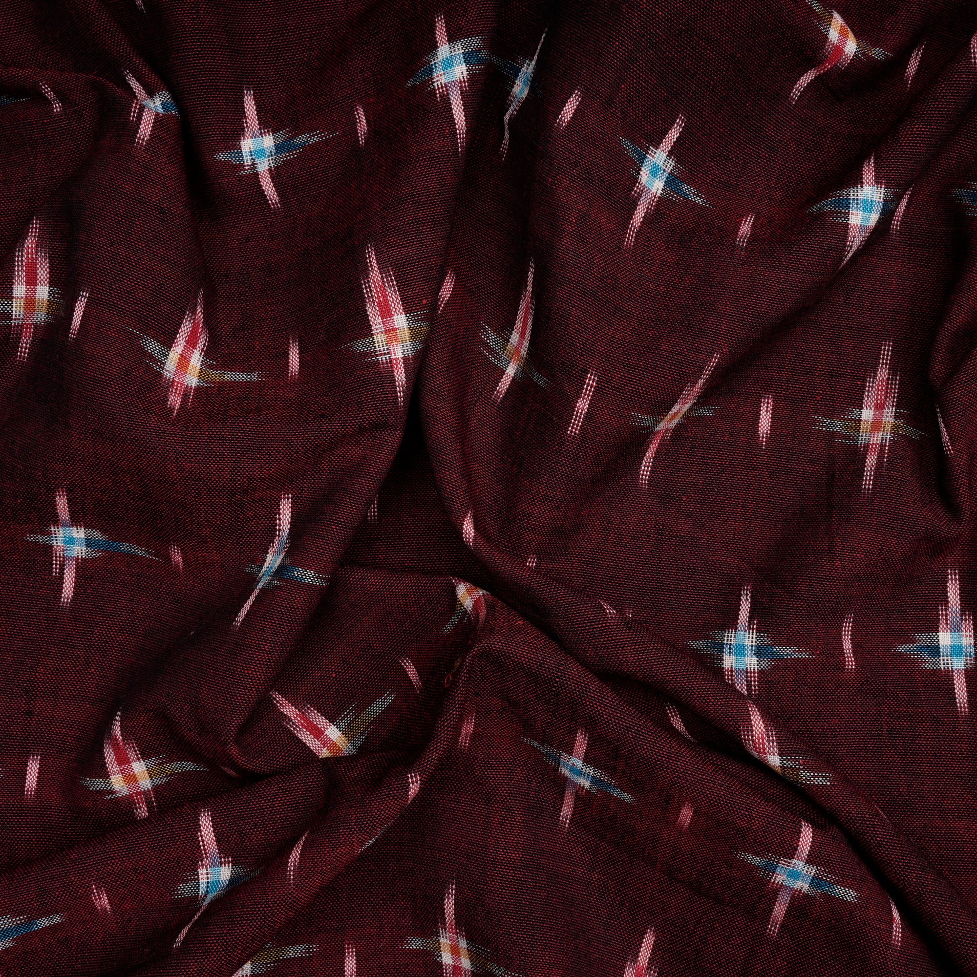 (Pre-Cut 1.00 Mtr)Maroon Washed Woven Double Ikat Cotton Fabric