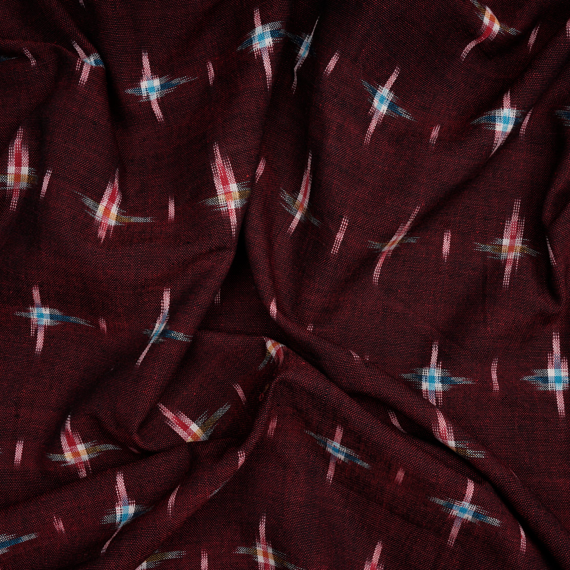 (Pre-Cut 2.00 Mtr)Maroon Washed Woven Double Ikat Cotton Fabric
